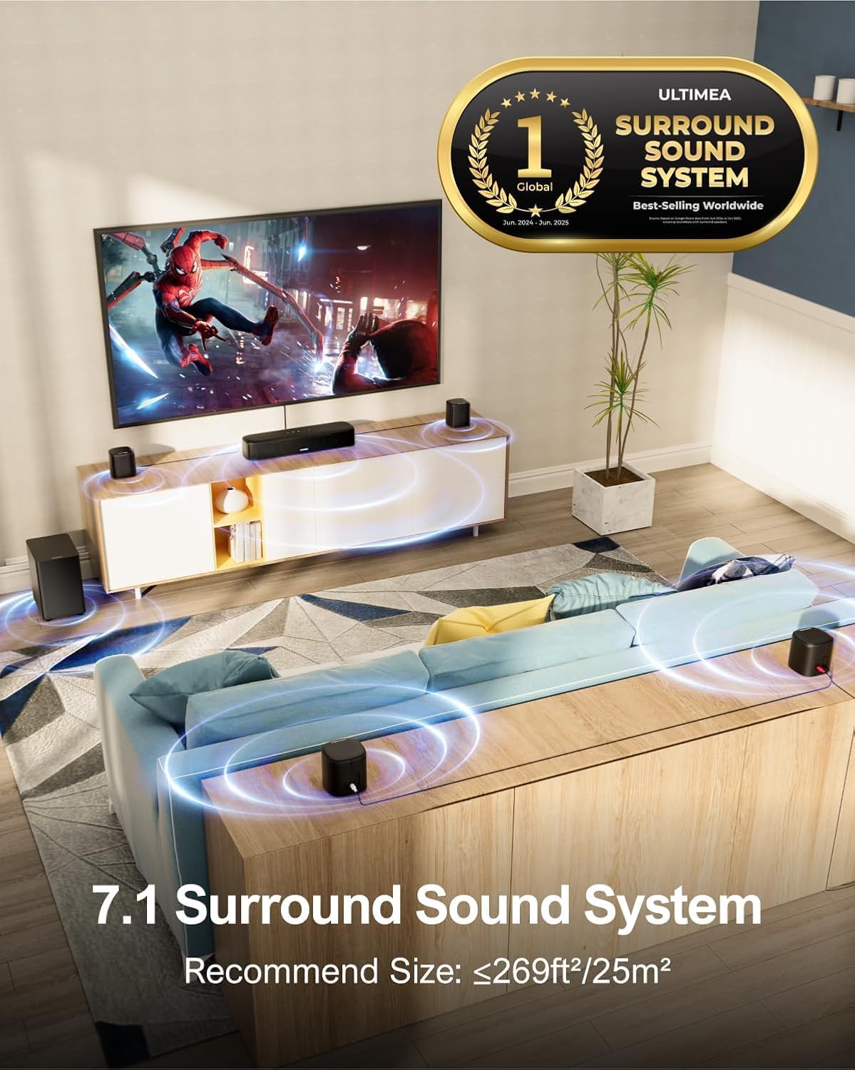 ULTIMEA 7.1ch Virtual Surround Sound Bar, Sound Bar for Smart TV with 4 Surround Speakers, Peak Power 330W, Surround Sound System for TV, App Control, TV Soundbar with Subwoofer, Opt/AUX/BT, Aura A40 - Image 2