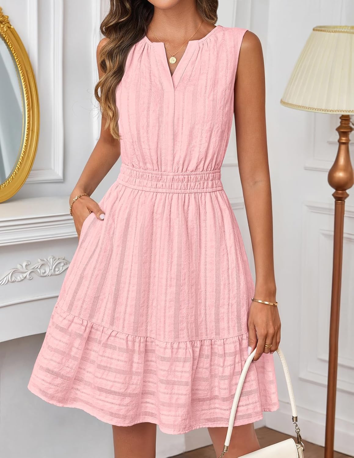 MEROKEETY Women's 2026 Summer Casual Mini Sundress Beach Vacation Sleeveless V Neck Flowy A Line Dress with Pockets - Image 5