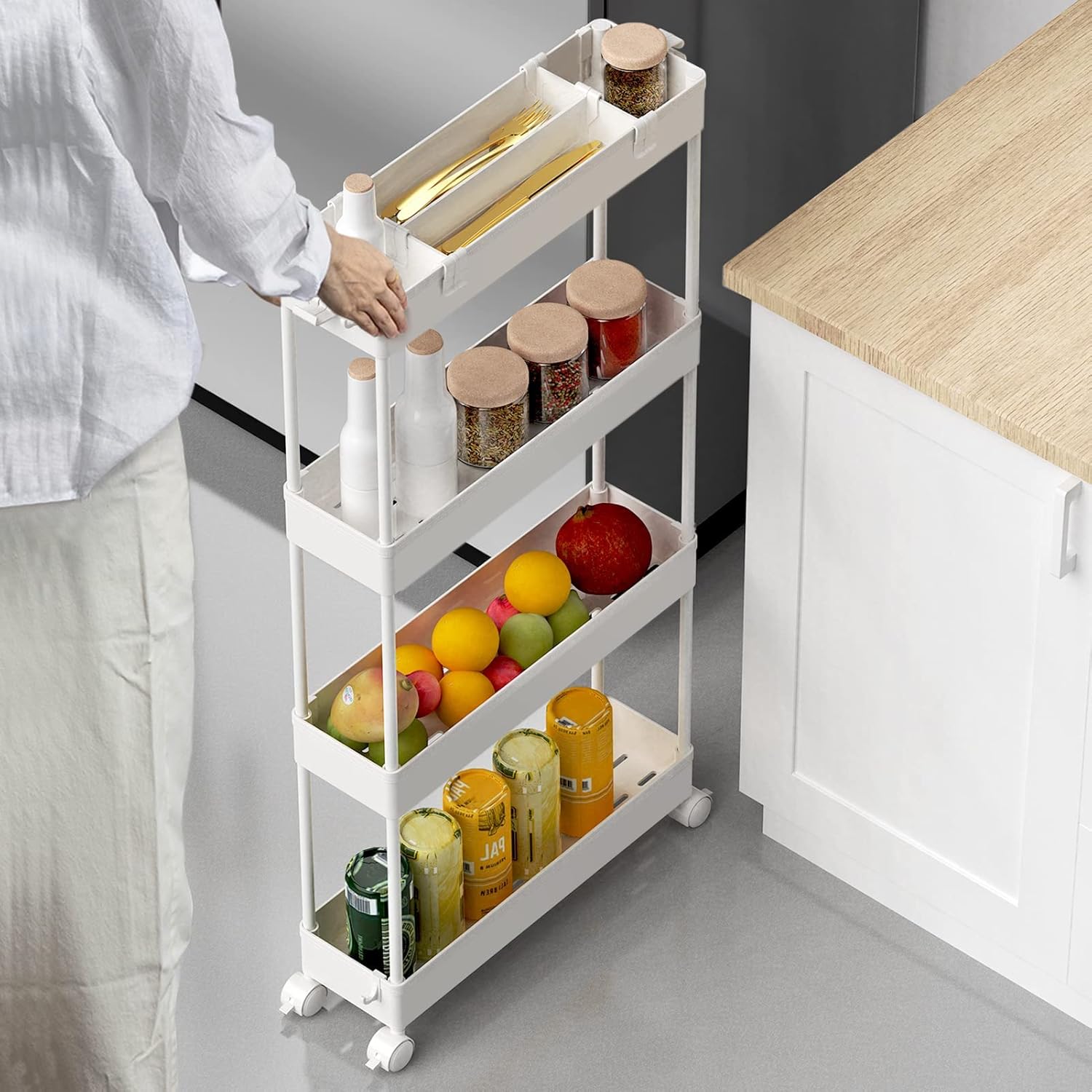 SPACELEAD Slim Storage Cart 4 Tier,Bathroom Organizer Rolling Utility, Mobile Shelving Unit Slide Out for Office, Kitchen, Laundry Room & Narrow Places,White - Image 2