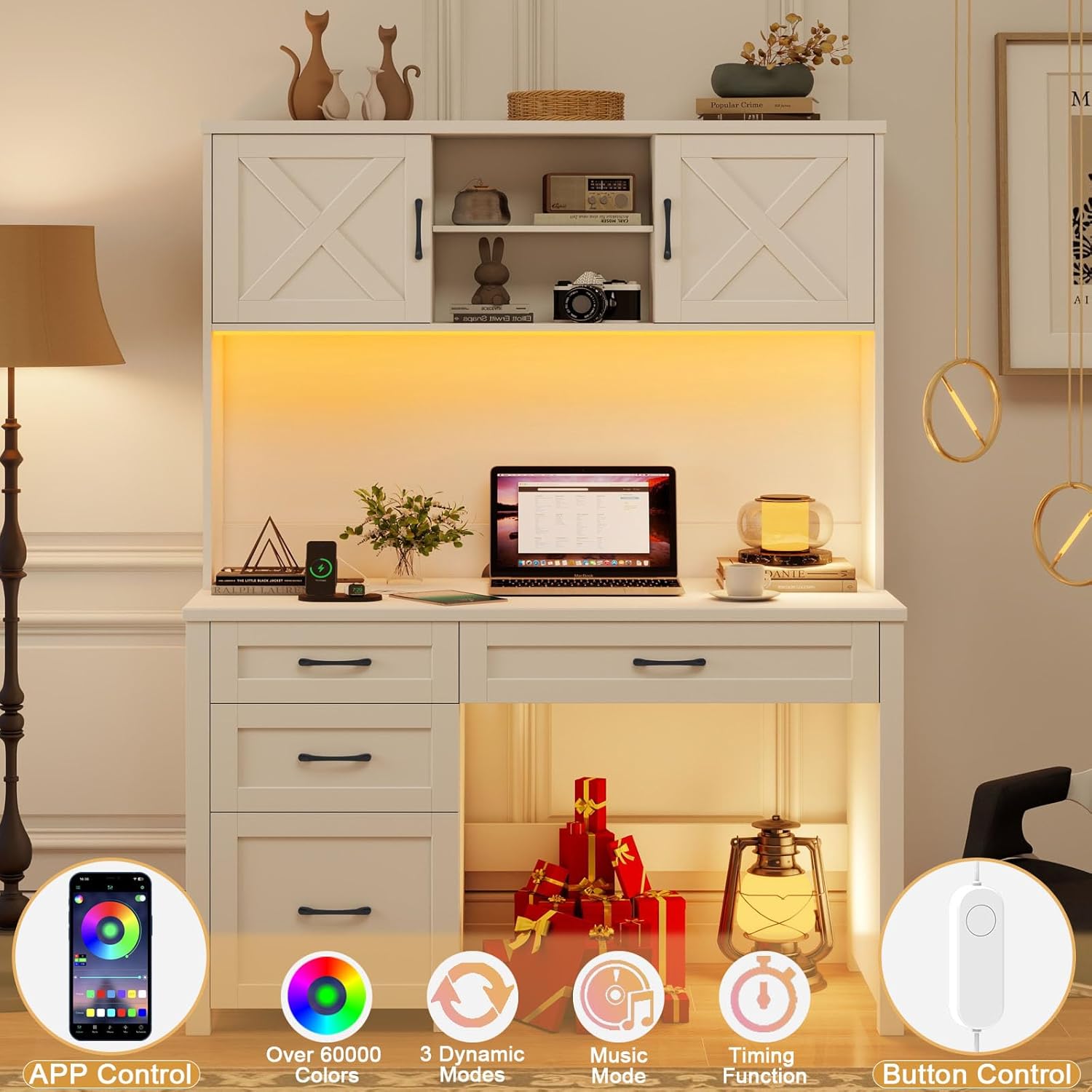 Halitaa Farmhouse 67" H Executive Desk with Hutch,Office Desk with 4 Drawers and LED Light, Wood Workstation for Home Office and Study, Computer Desk with File Drawers, Charging Station.Cream White - Image 5