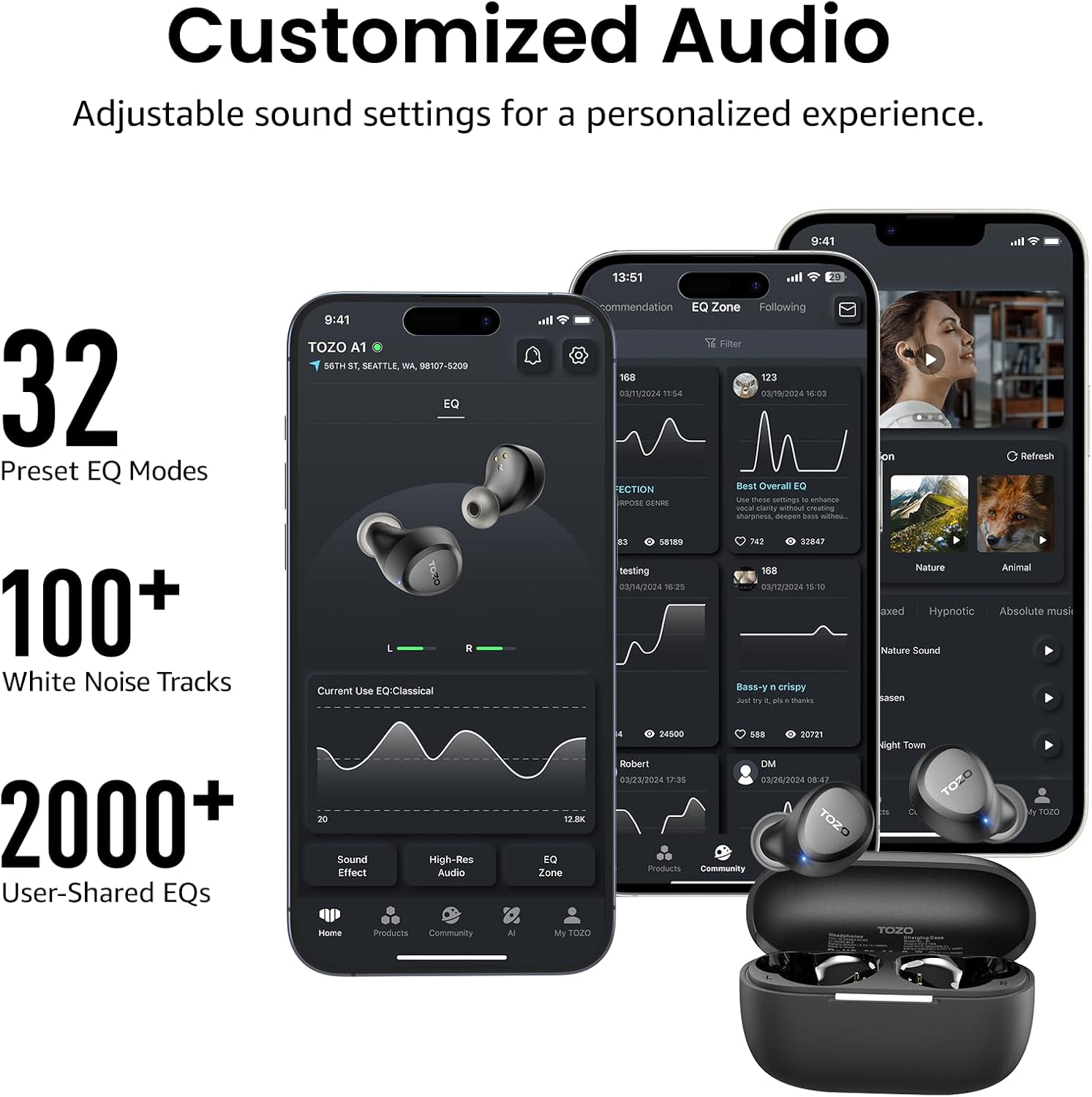 TOZO A1 Wireless Earbuds Bluetooth 5.3 Light Weight in Ear IPX5 Waterproof Headphones 2 Mic for AI Calls, Immersive Premium Sound Bass Headset with Charging Case, 32 Presets EQ Customization via App - Image 7