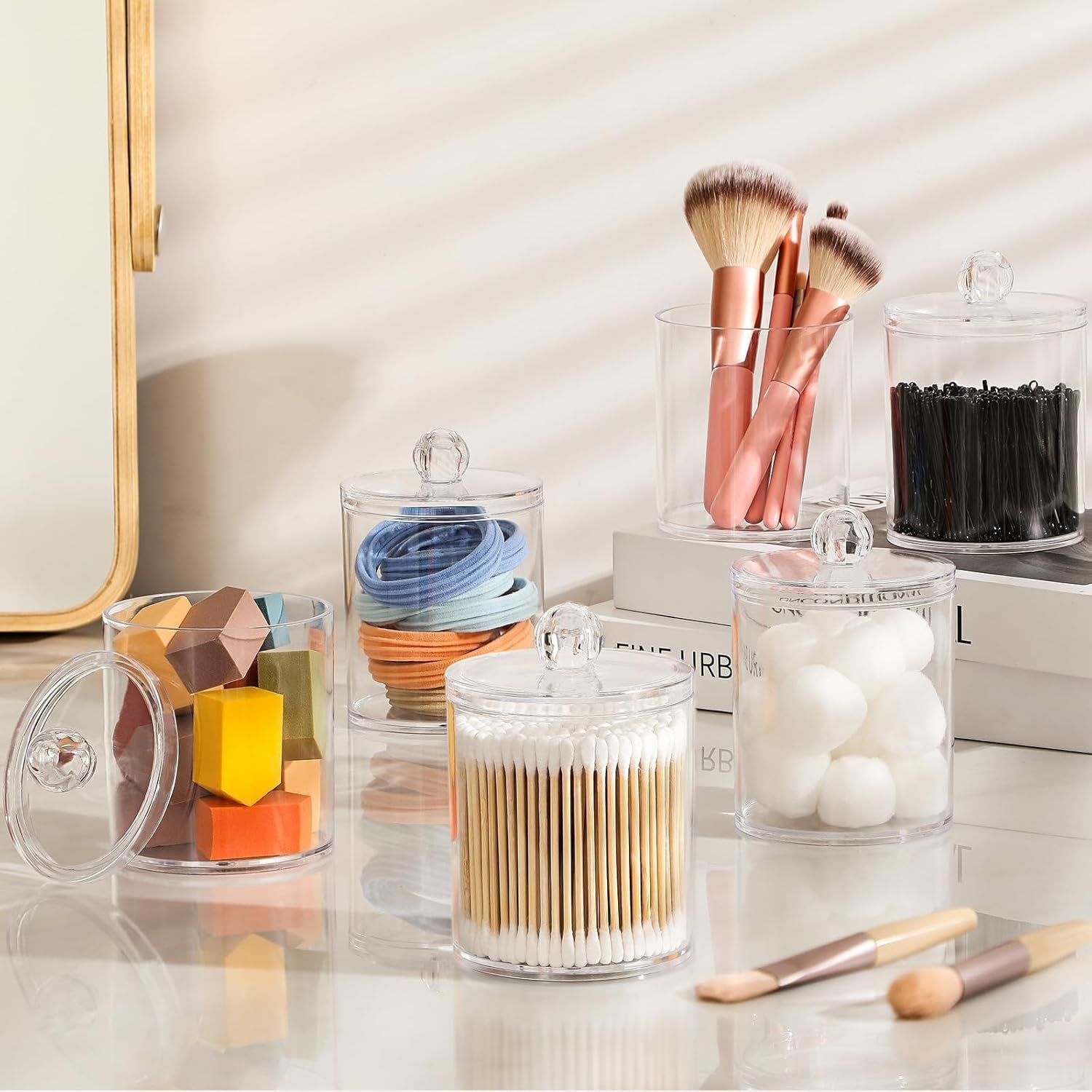 4 Pack Acrylic Qtip Holder Dispenser for Cotton Swabs, Balls, Pads, Floss Picks- Small Clear Acrylic Canister Apothecary Jar Set, Bathroom Essentials Accessories Decor, Vanity Makeup Storage Organizer - Image 3
