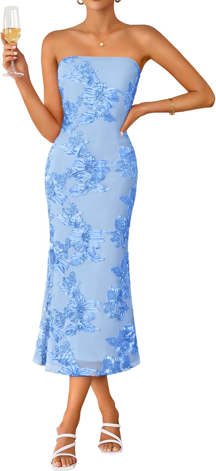 ZESICA Women's Summer Strapless Floral Midi Dress 2026 Bodycon Mesh Tube Wedding Guest Cocktail Party Formal Dresses