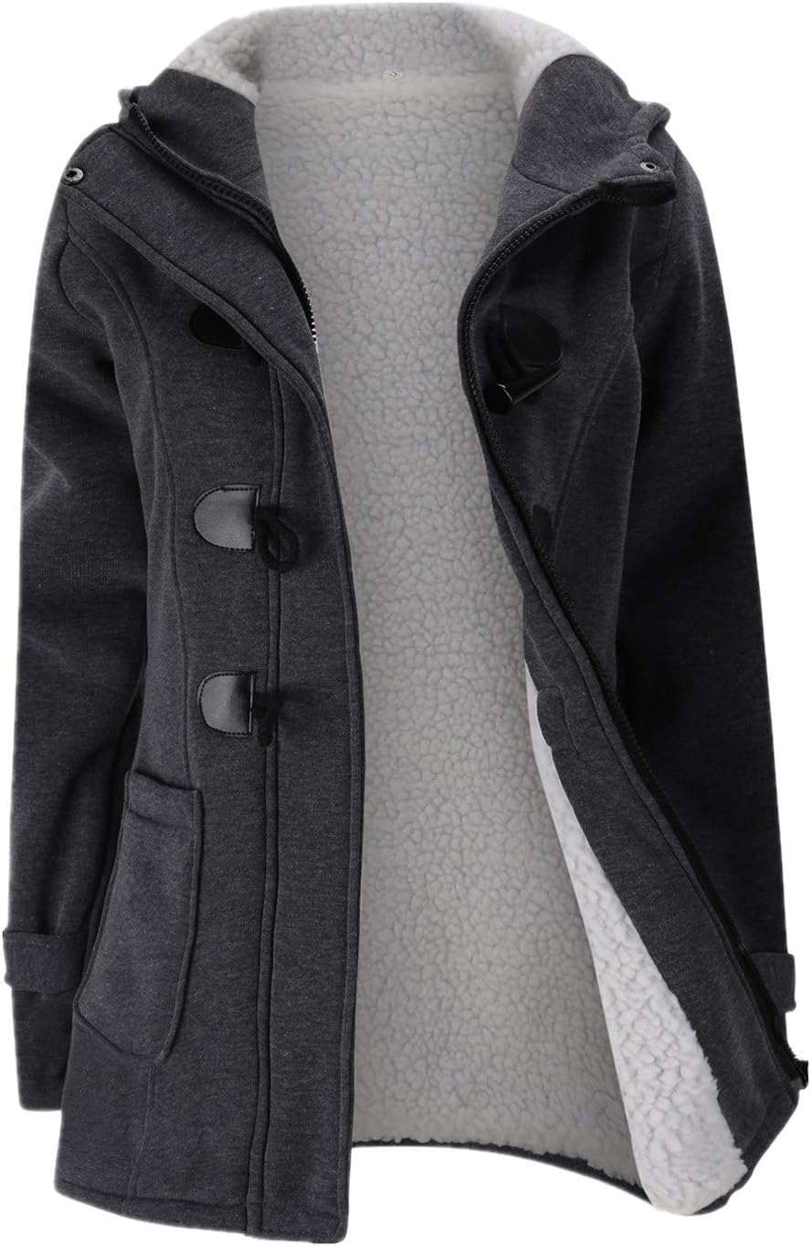 JiangWu Womens Fashion Horn Button Fleece Thicken Coat with Hood Winter Warm Jacket