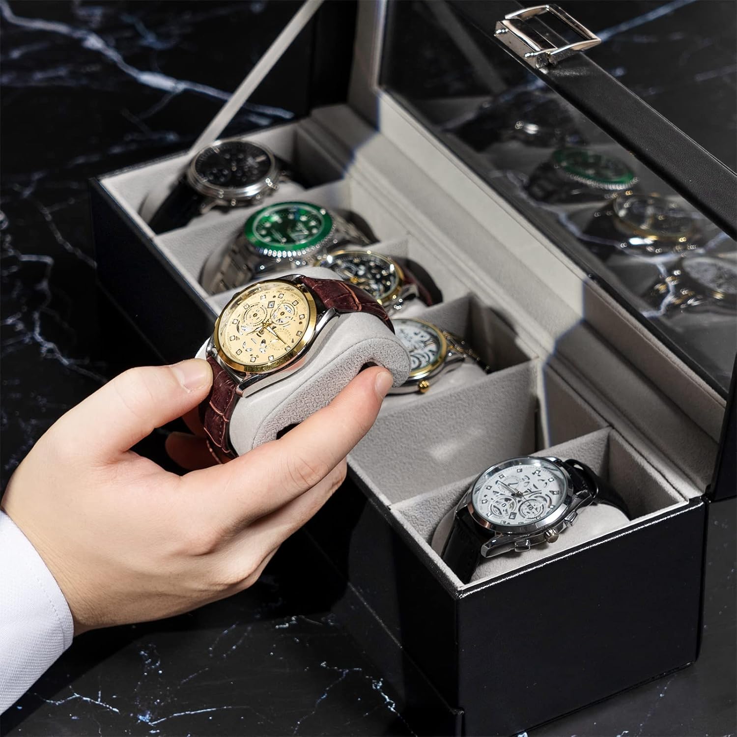 ProCase Watch Box, 6 Slot Watches Display Case with Drawer, Mens Watch Case with Glass Lid, 2-Layer Mens Jewelry Organizer Storage Holder, Birthday Valentine Gifts for Men -6 Slot, Black - Image 4