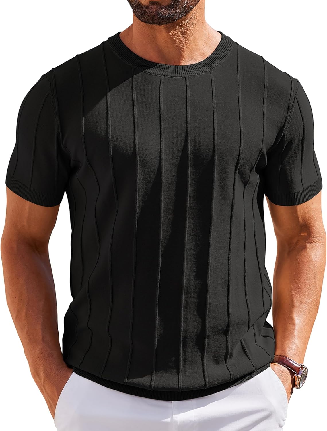 COOFANDY Men's T- Shirts Short Sleeve Knit Sweater Shirt Casual Crewneck Ribbed Pullover Tees