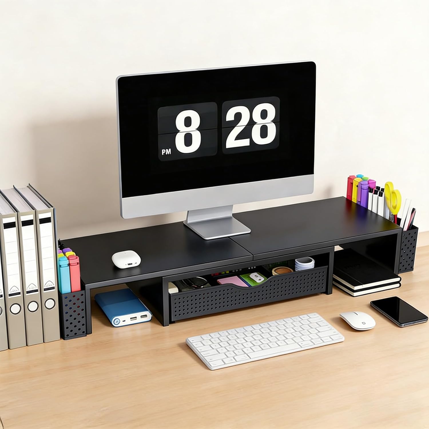 Spacrea Metal Desk Organizers and Accessories, Dual Monitor Stand Riser with Drawer and 2 Pen Holders, Book Racks, Desk Accessories & Workspace Desktop Organizers for Office Supplies (Black) - Image 2
