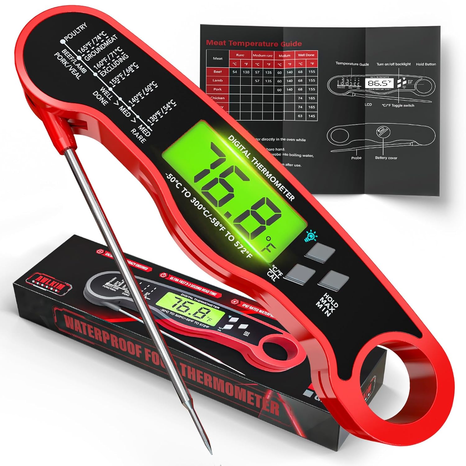 AWLKIM Meat Thermometer Digital - Instant Read Waterproof Food Thermometer with Backlight for Cooking, Grill, Candy, Kitchen & Stocking Stuffers for Men - Red