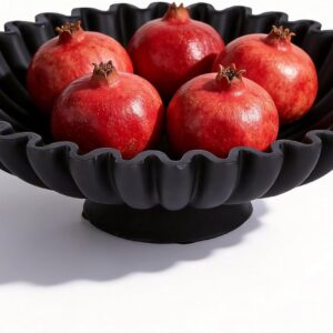 9.5″ Large Decorative Bowl – Scalloped Pedestal Bowls for Home Decor, Key Bowls for Entryway Table, Decorative Fruit Bowl for Kitchen Counter, Resin Black Ruffle Coffee Table Decor