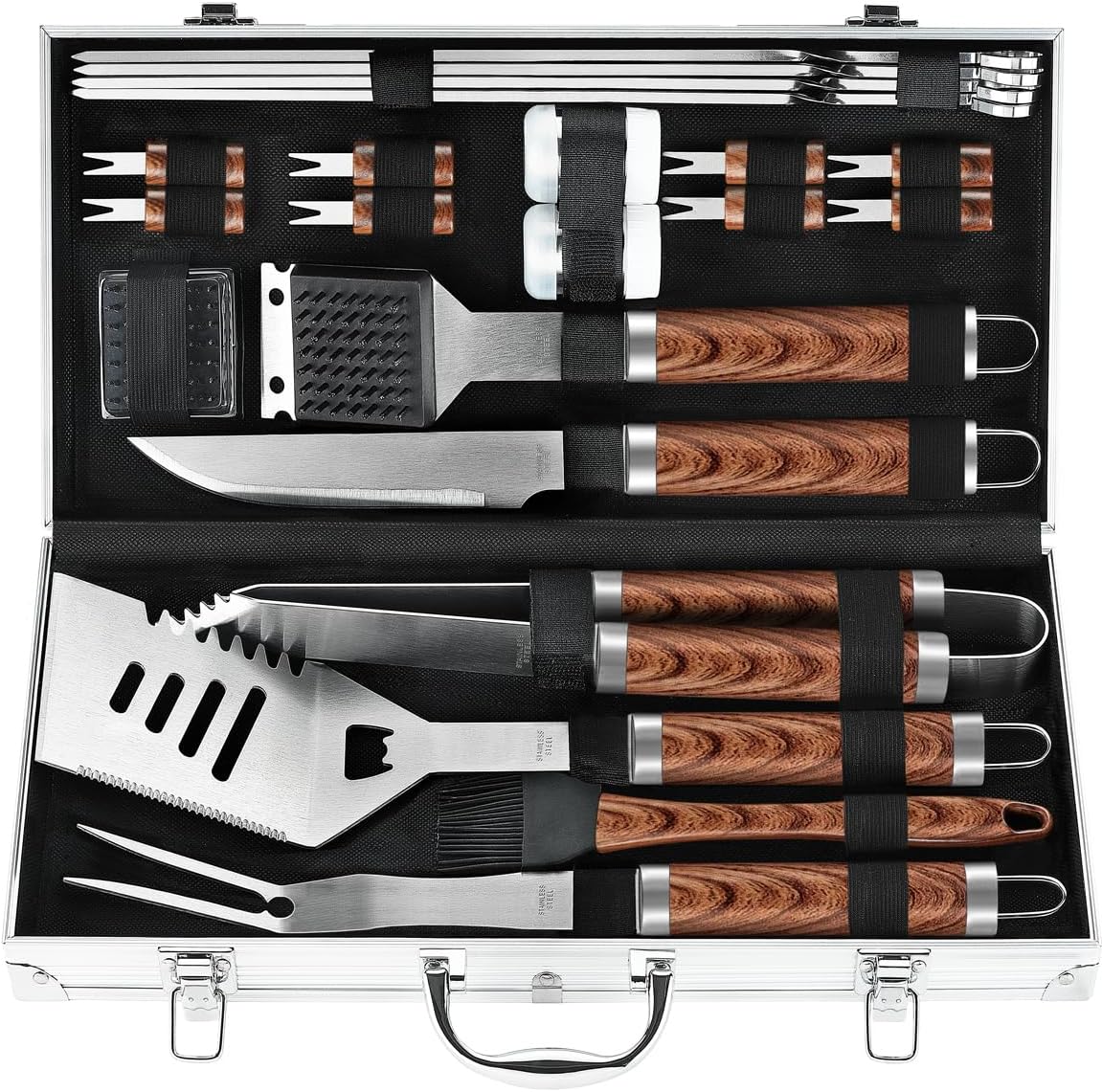 POLIGO 22PCS Heavy Duty BBQ Grill Accessories Set, Non-Slip Grill Tools for Outdoor Grill Set Stainless Steel Grill Utensils Set, Deluxe Grilling Tools Set in Aluminum Case Ideal Gifts for Men Brown