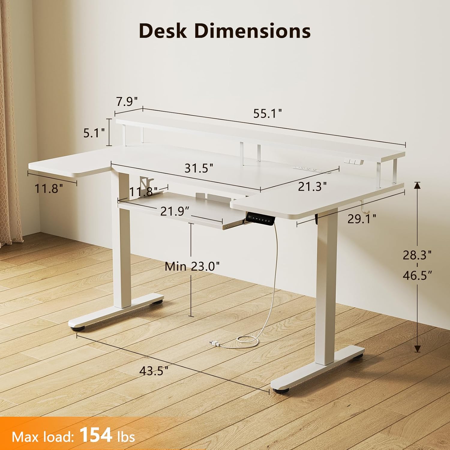 OffiGo U Shaped Electric Standing Desk with Keyboard Tray, 55 Inch Height Adjustable Desk with Power Outlets & LED Lights, Sit Stand Table with Monitor Stand for Home, Office, White - Image 3