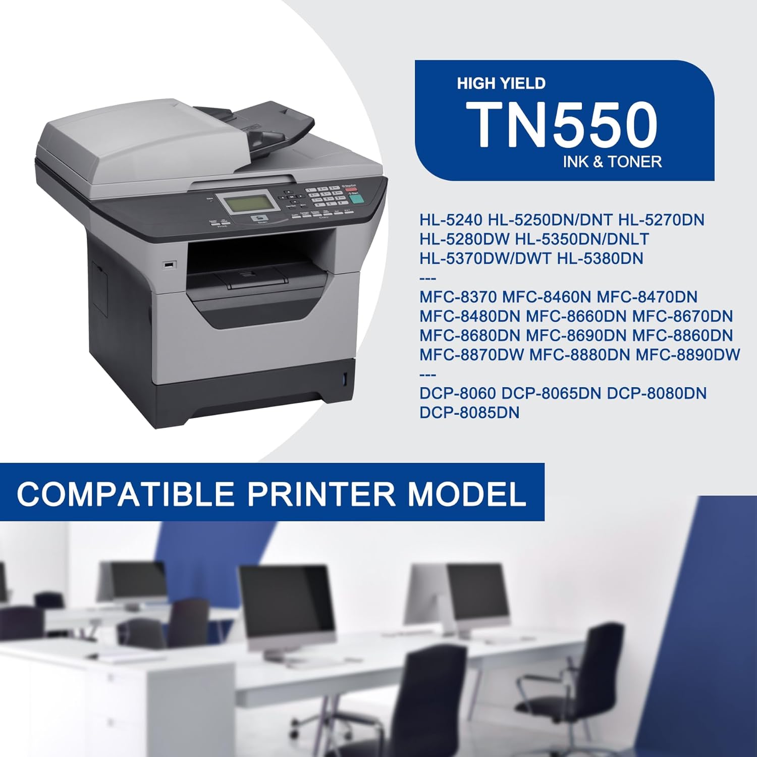 1 Pack TN550 TN-550 Black Toner Cartridge Compatible TN550 Replacement for Brother HL-5240 5250DN/DNT 5270DN 5280DW MFC-8370 8460N 8470DN 8480DN 8660DN 8670DN 8690DN 8860DN DCP-8060 8065DN Printe - Image 2