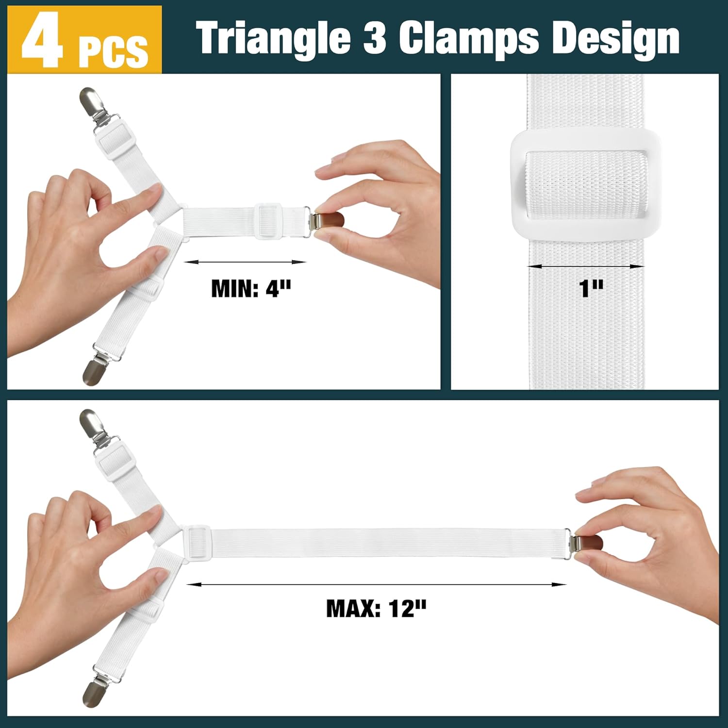 4 Pack Adjustable Elastic Straps with Metal Clips, Bed Sheet Fasteners in Assorted Four Sizes, Bedding Suspenders for Mattress Covers, Bed Corner Holders and Keepers (White) - Image 2