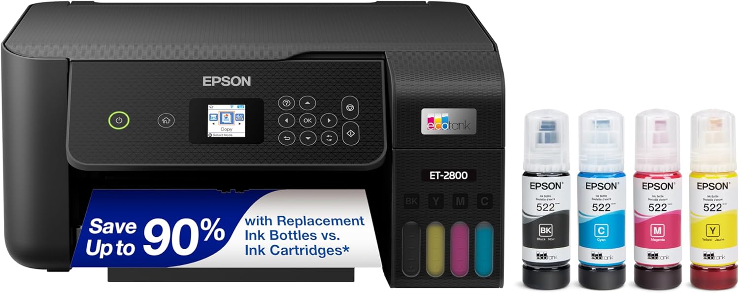 Epson EcoTank ET-2800 Wireless Color All-in-One Cartridge-Free Supertank with Scan and Copy, The Ideal Basic Home Printer - Black