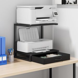 YAOHUOO 2-Tier Desktop Printer Stand with Fabric Drawer, Prtiner Table with Storage Shelf, Desk Organizer for Home Office,3D Printer,Fax Machine,Scanner, 17.3″x11.8″ Black