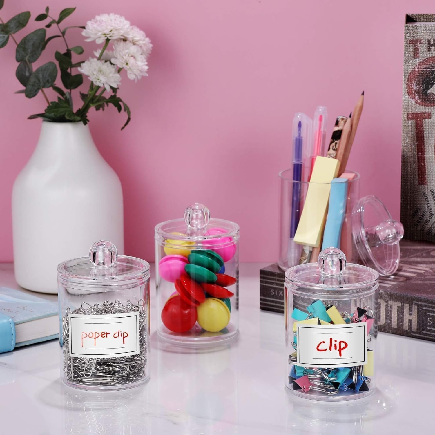 4 Pack Acrylic Qtip Holder Dispenser for Cotton Swabs, Balls, Pads, Floss Picks- Small Clear Acrylic Canister Apothecary Jar Set, Bathroom Essentials Accessories Decor, Vanity Makeup Storage Organizer - Image 5