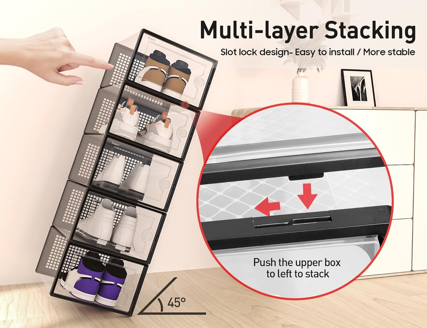 Kuject X-Large Shoe Storage Boxes Organizers Clear Plastic Stackable 12 Pack, Shoe Rack & Holder Substitute, Sneaker Containers, Toy Storage Organizer Bins for Entryway, Closet, Under Bed, Black - Image 5