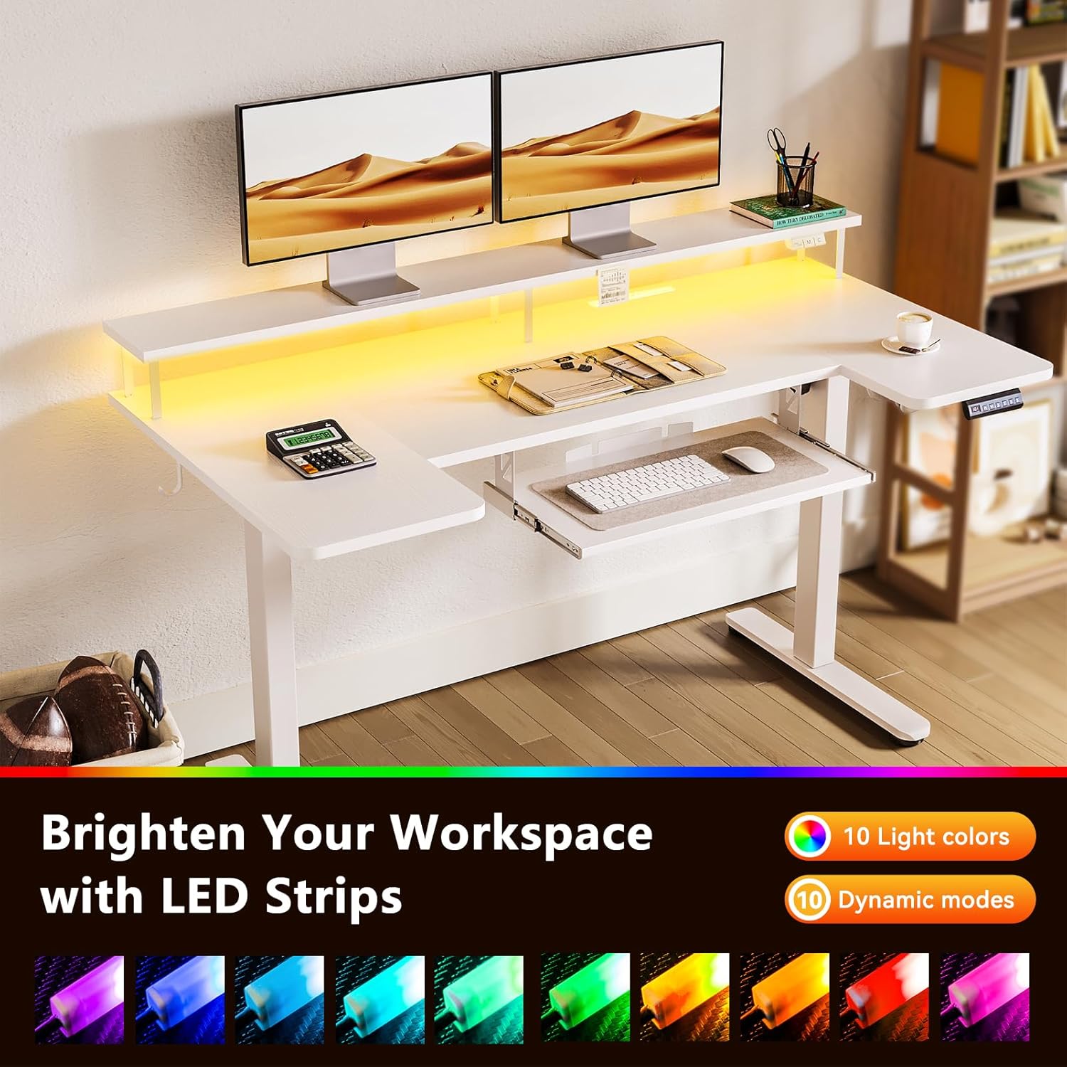 OffiGo U Shaped Electric Standing Desk with Keyboard Tray, 55 Inch Height Adjustable Desk with Power Outlets & LED Lights, Sit Stand Table with Monitor Stand for Home, Office, White - Image 7