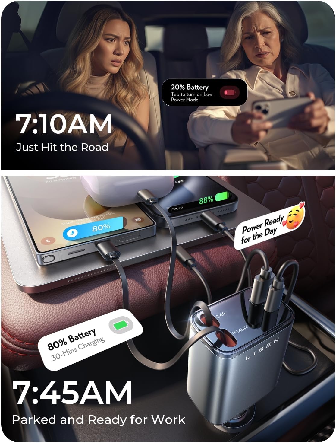 LISEN Retractable Car Charger, Gifts for Mothers Day 2026, 84W Car Charger USB C Fast Charge, Gifts for Mom Dad Him Her, Travel Essentials Car Accessories for Men Women Gifts for iPhone 17 16 15 14 13 - Image 5