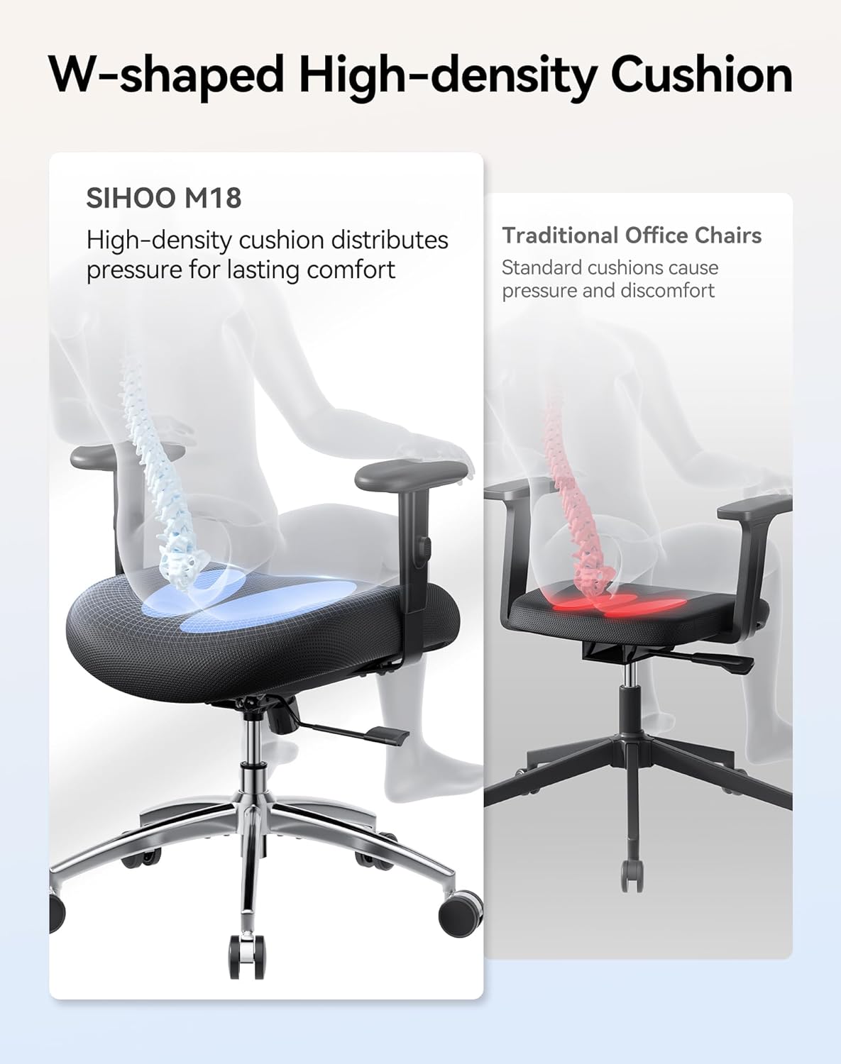 SIHOO M18 Ergonomic Office Chair, High Back Mesh Desk Chair with Adjustable Headrest & Lumbar Support, 330lbs Capacity Computer Chair with 2D Armrests & Wide Cushion, Tilt Lock, for Home Office-Black - Image 6