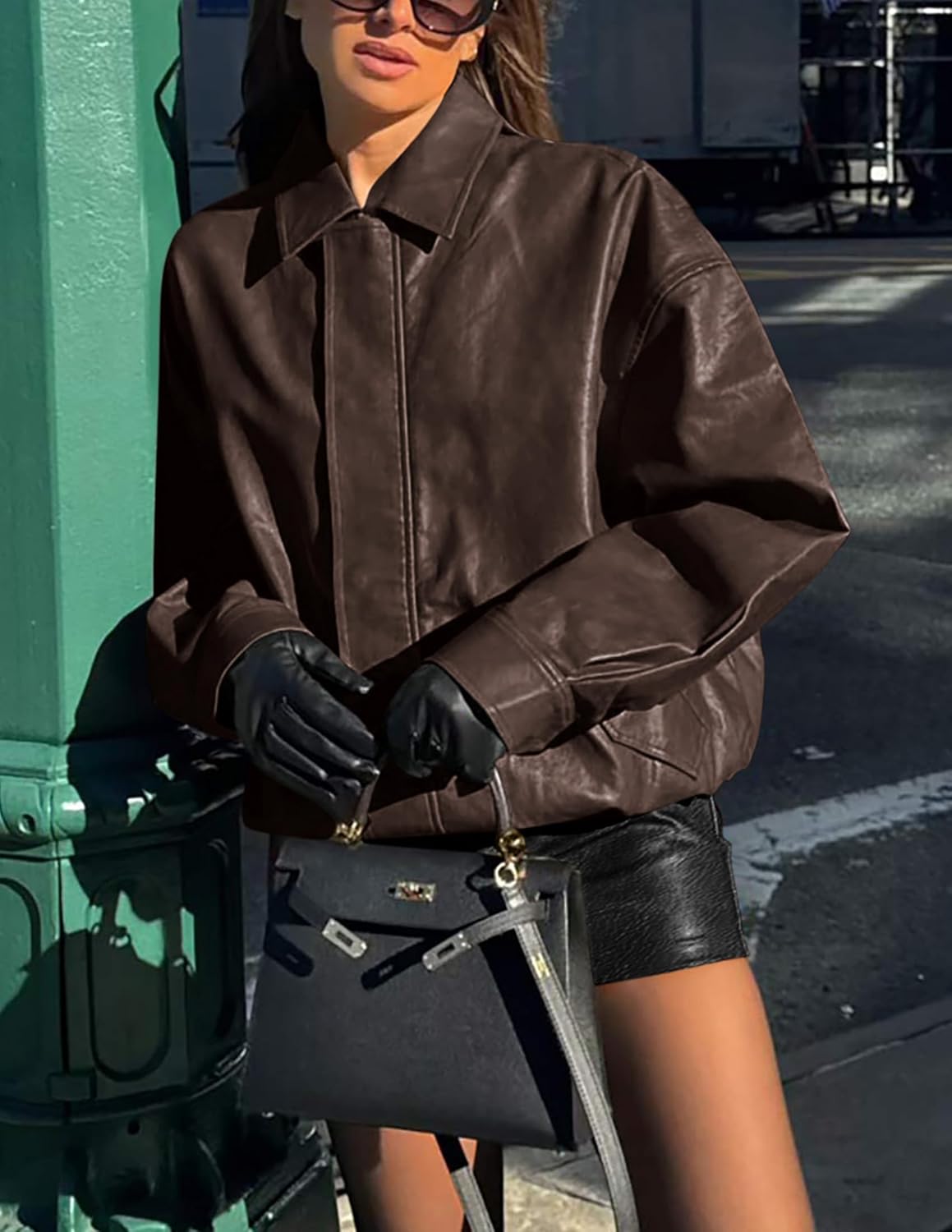PRETTYGARDEN Women's Faux Leather Motorcycle Jacket Trendy Fall Spring Clothes Oversized Zip Up Winter Coat Outerwear - Image 8