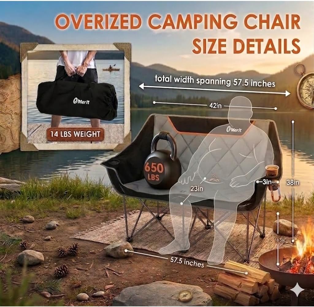 EMERIT Oversized Fully Padded Camping Chair, Heavy Duty 650LB Folding Camping Loveseat, Quad Fold Double Camping Couch with Cup Holders & Carry Bag for Outdoor, Lawn, Sports Events | HIgh Back, Rip resistance, Extra Wide Design, Cross-bracing Hubs, Easy Setup - Image 3