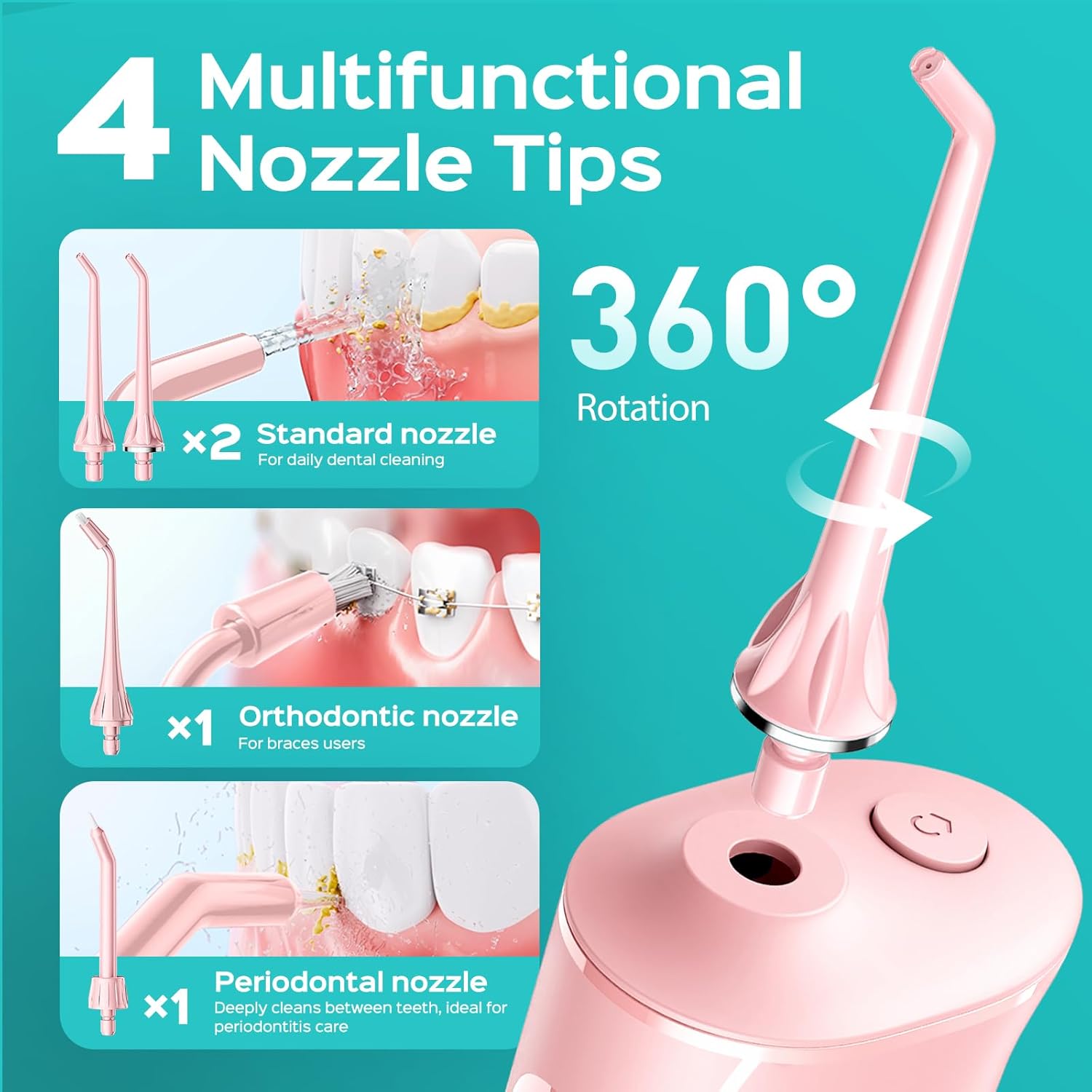 COSLUS C50 Portable Water Flosser for Teeth: 4 Modes & 5 Intensity Levels Professional Electric Dental Pick for Sensitive Gums, Braces & Orthodontic - Cordless for Travel Use, BPA-Free - Image 8