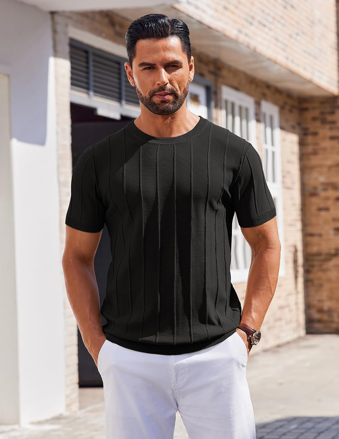 COOFANDY Men's T- Shirts Short Sleeve Knit Sweater Shirt Casual Crewneck Ribbed Pullover Tees - Image 2