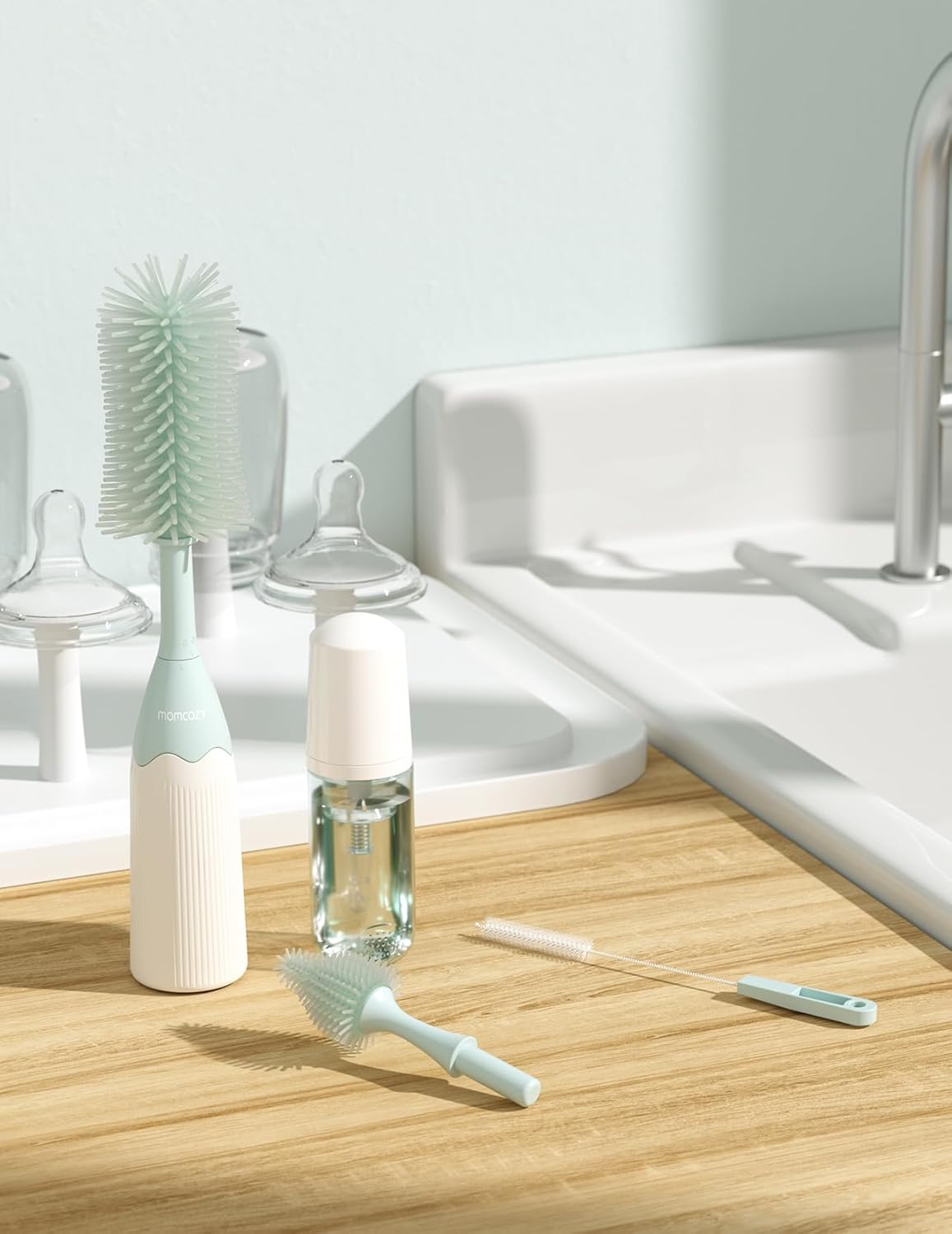 Momcozy Bottle Brush Kit with Push-Press Foam Design - Newborn Essentials Gift, Portable Cleaning Tool for Home & Travel, Baby Bottle Cleaner Brush for Breast Pumps & Nipples, Green - Image 7