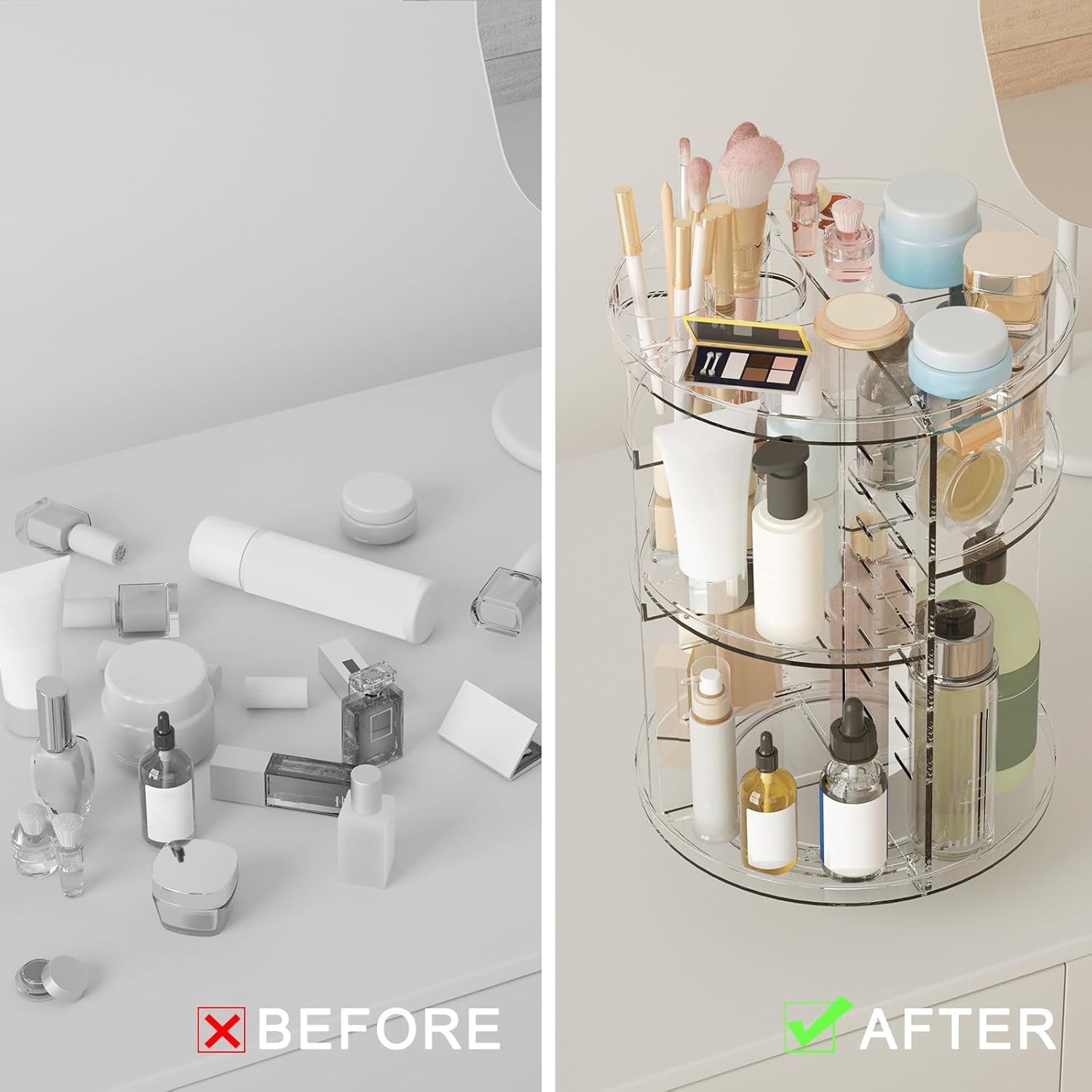 Rotating Makeup Organizer, DIY 8 Adjustable Layers Spinning Skincare Organizer, Cosmetic Display Case with Brush Holder Perfume Tray, Multi-Function Storage Carousel for Vanity Bathroom Countertop - Image 5