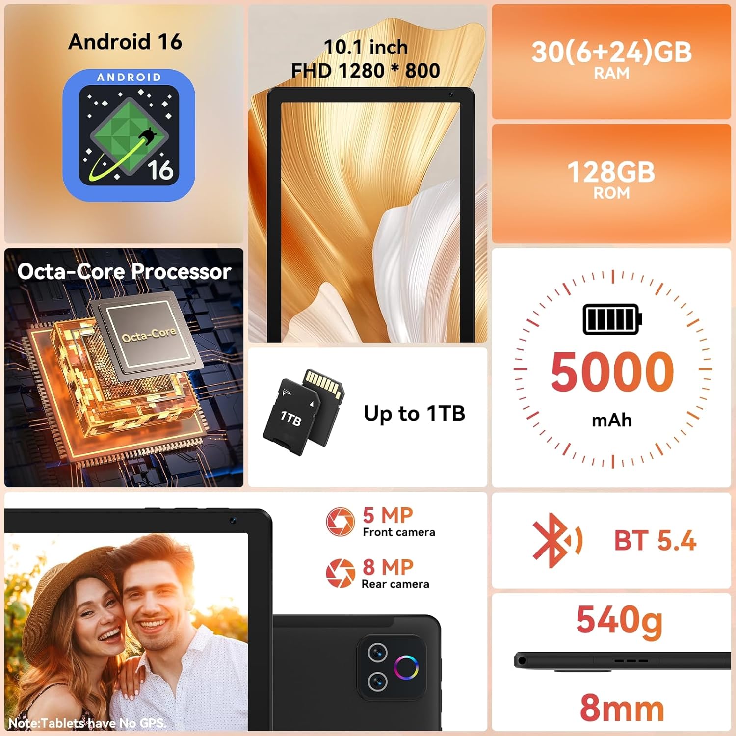URAO Tablet,10.1" Android Tablet with Octa-core Processor 30GB RAM 128GB ROM HD IPS Touchscreen 8H Battery, Wi-Fi 6, BT 5.4, Dual Camera, Android 16 Tablets 2026 - Image 2