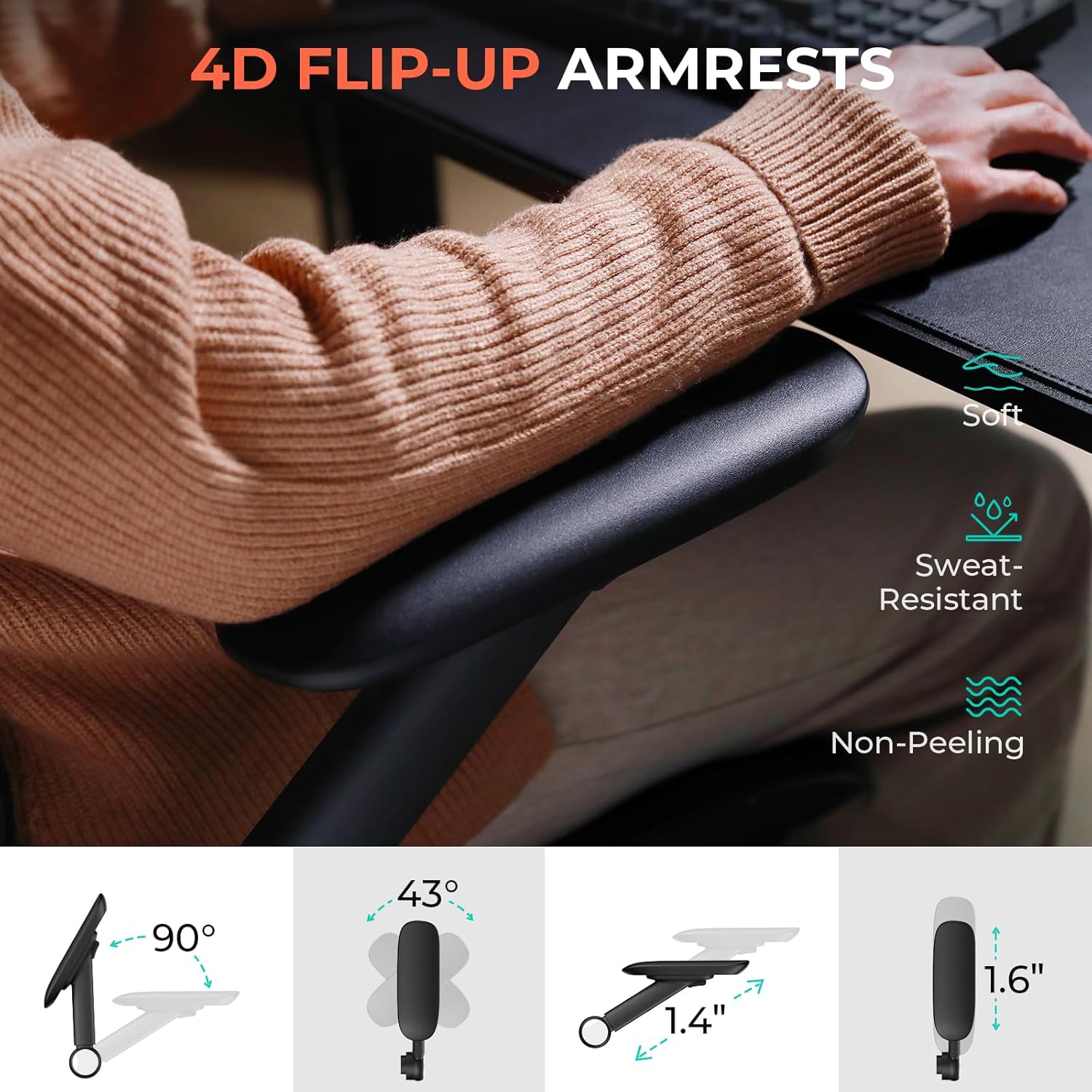 CAPOT Ergonomic Mesh Office Chair, Adjustable Lumbar High Back Desk Chair 400lbs, 4D Flip-up Arms, 3-Level Tilt Backrest, 3D Headrest, PU Wheels, Swivel Rolling Computer Seating for Long Desk Work - Image 6