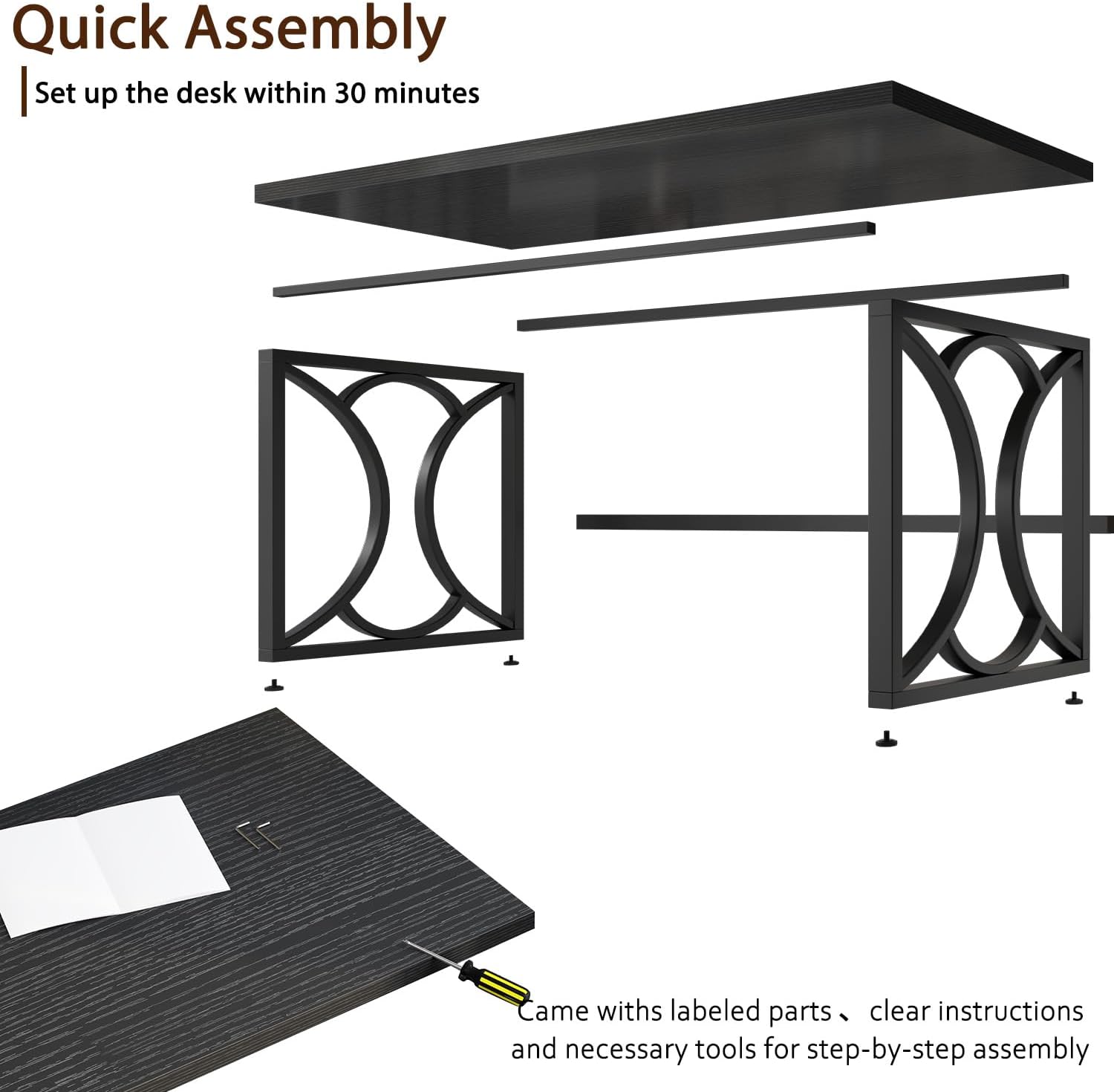 HSH Black Computer Desk, 55 Inch Metal Wood Home Office Desk, Simple Industrial Study Executive Desk for Work Writing, Modern Student Gaming Computer PC Table for Bedroom Living Room - Image 5