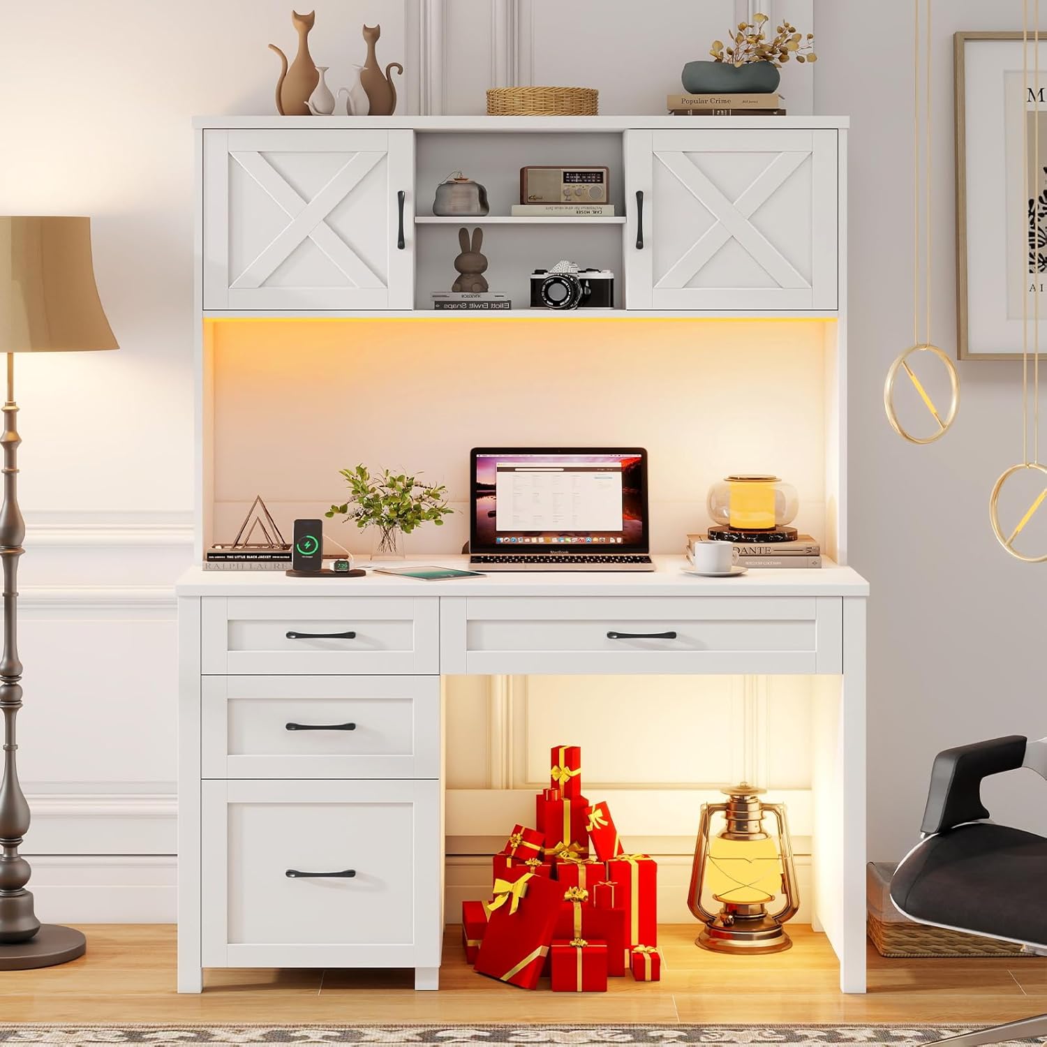 Halitaa Farmhouse 67" H Executive Desk with Hutch,Office Desk with 4 Drawers and LED Light, Wood Workstation for Home Office and Study, Computer Desk with File Drawers, Charging Station.Cream White