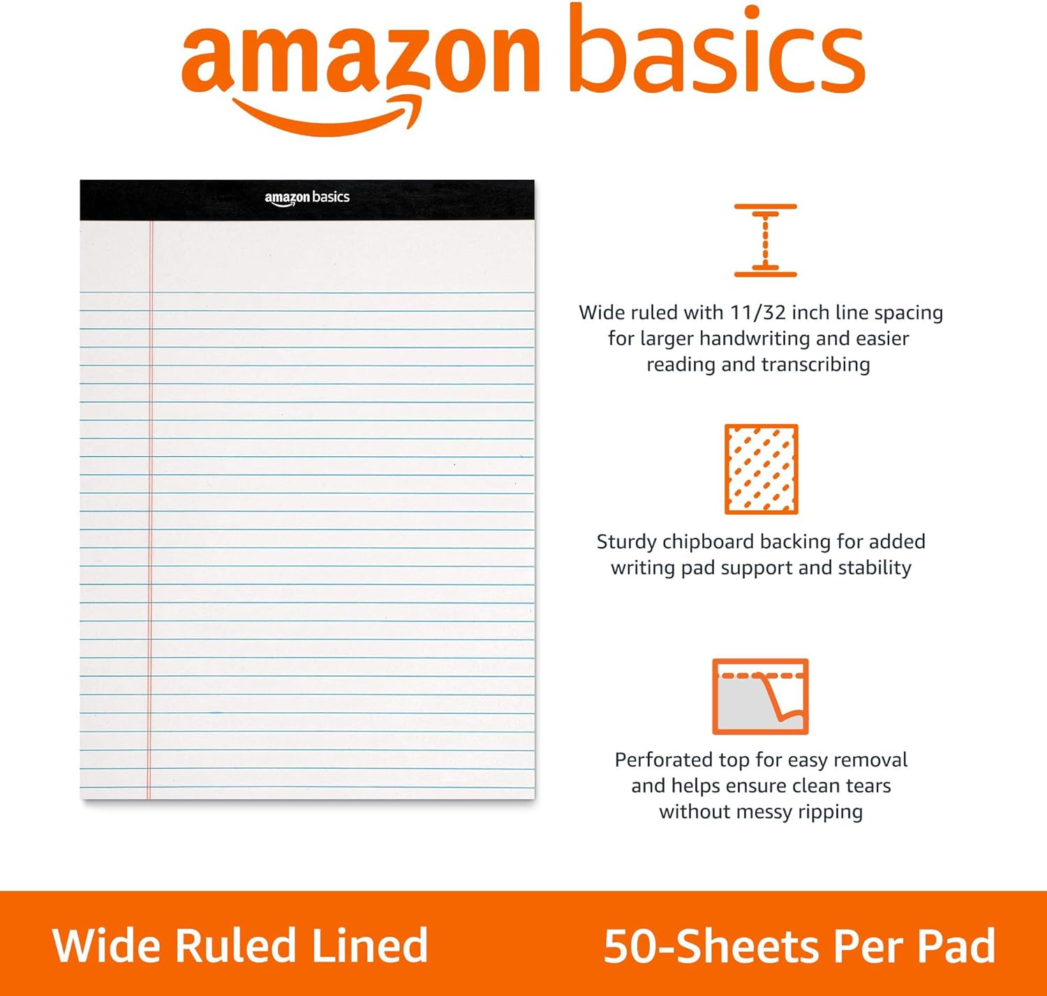 Amazon Basics Wide Ruled Lined Writing Note Pads for Office Supplies, 8.5" x 11.75", White, 12-Pack of 50 Perforated Sheets - Image 2