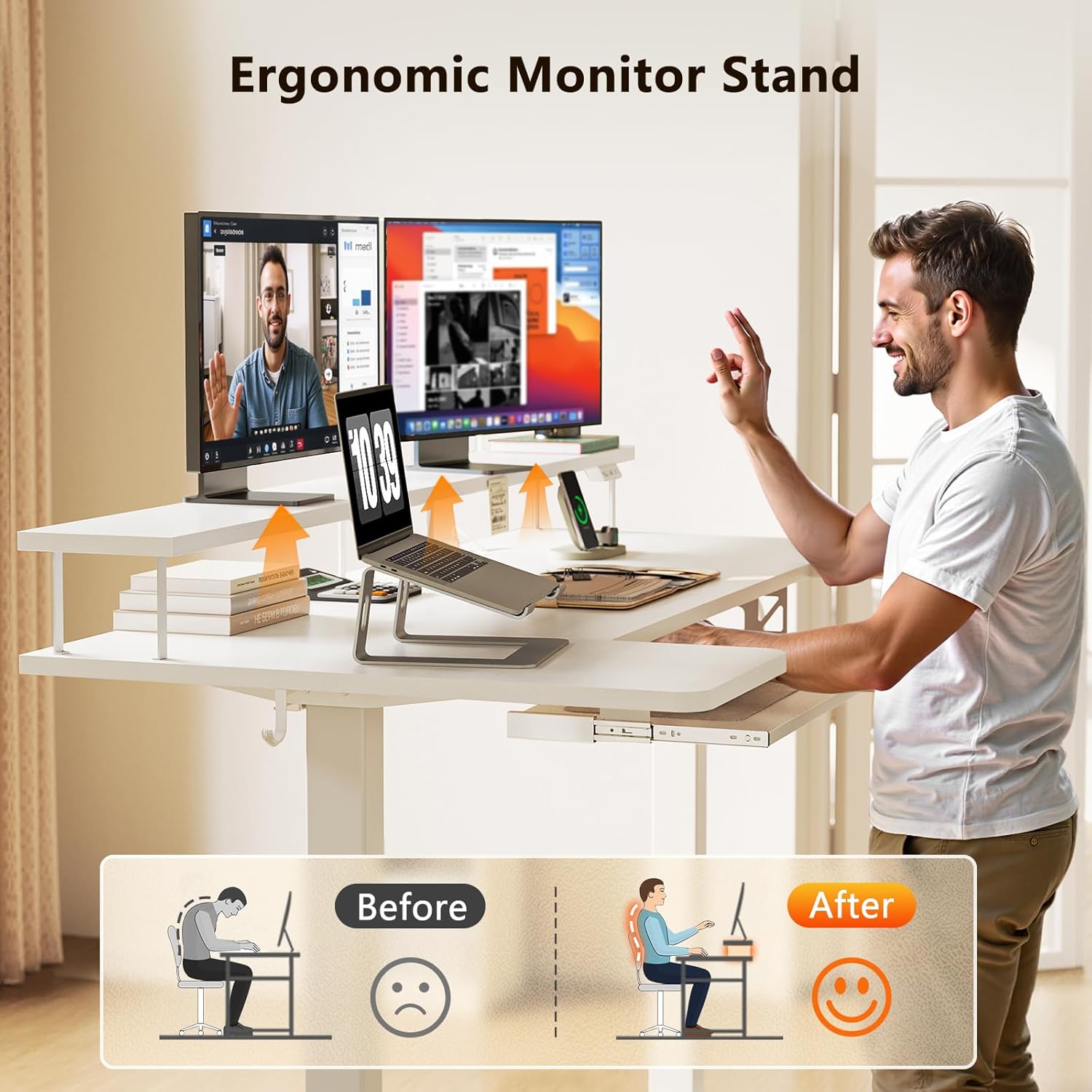 OffiGo U Shaped Electric Standing Desk with Keyboard Tray, 55 Inch Height Adjustable Desk with Power Outlets & LED Lights, Sit Stand Table with Monitor Stand for Home, Office, White - Image 6