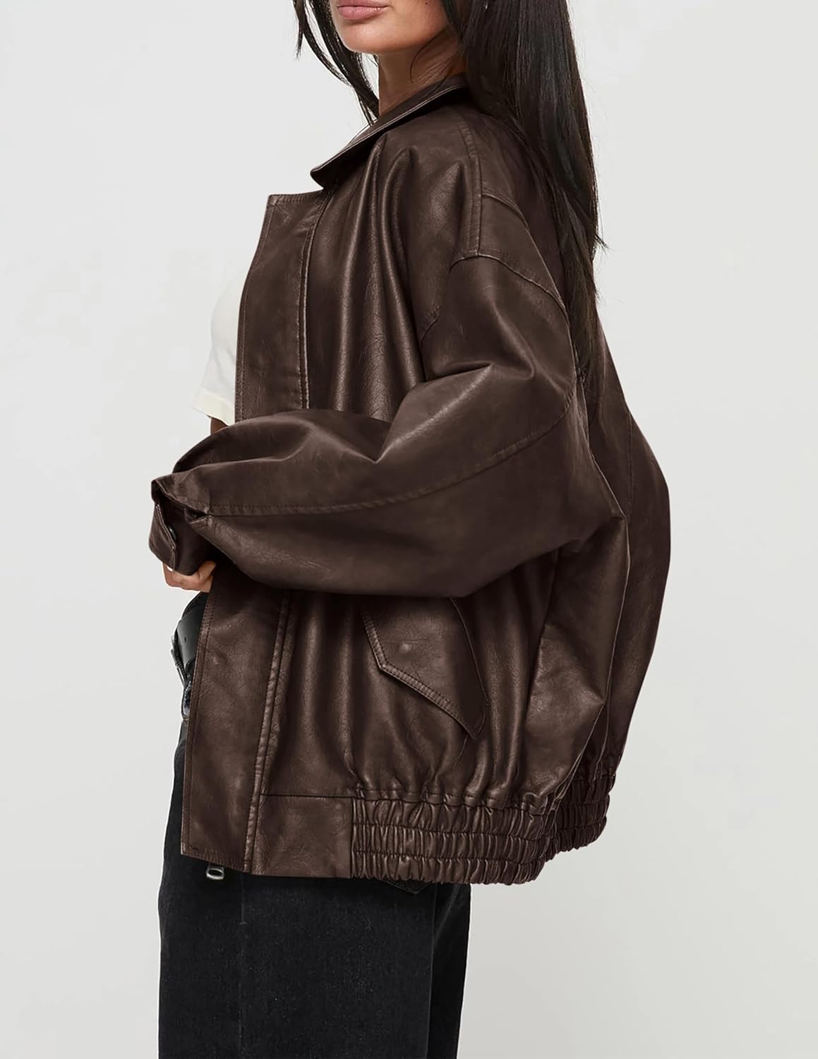 PRETTYGARDEN Women's Faux Leather Motorcycle Jacket Trendy Fall Spring Clothes Oversized Zip Up Winter Coat Outerwear - Image 3
