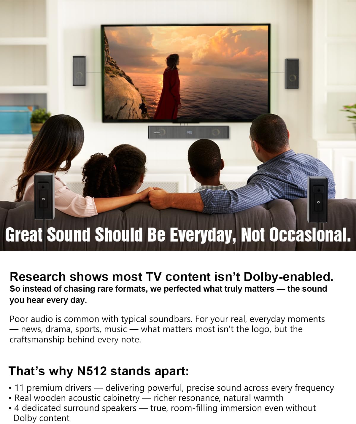 Wooden 5.1.2 Virtual Surround Sound System, 4 Surround Speakers Wired, 400W Peak Power, Sound Bars for Smart TV w/Subwoofer, 5.25'' Deep Bass, Home Theater TV System, ARC/OPT/BT/AUX, HiPulse N512 - Image 4