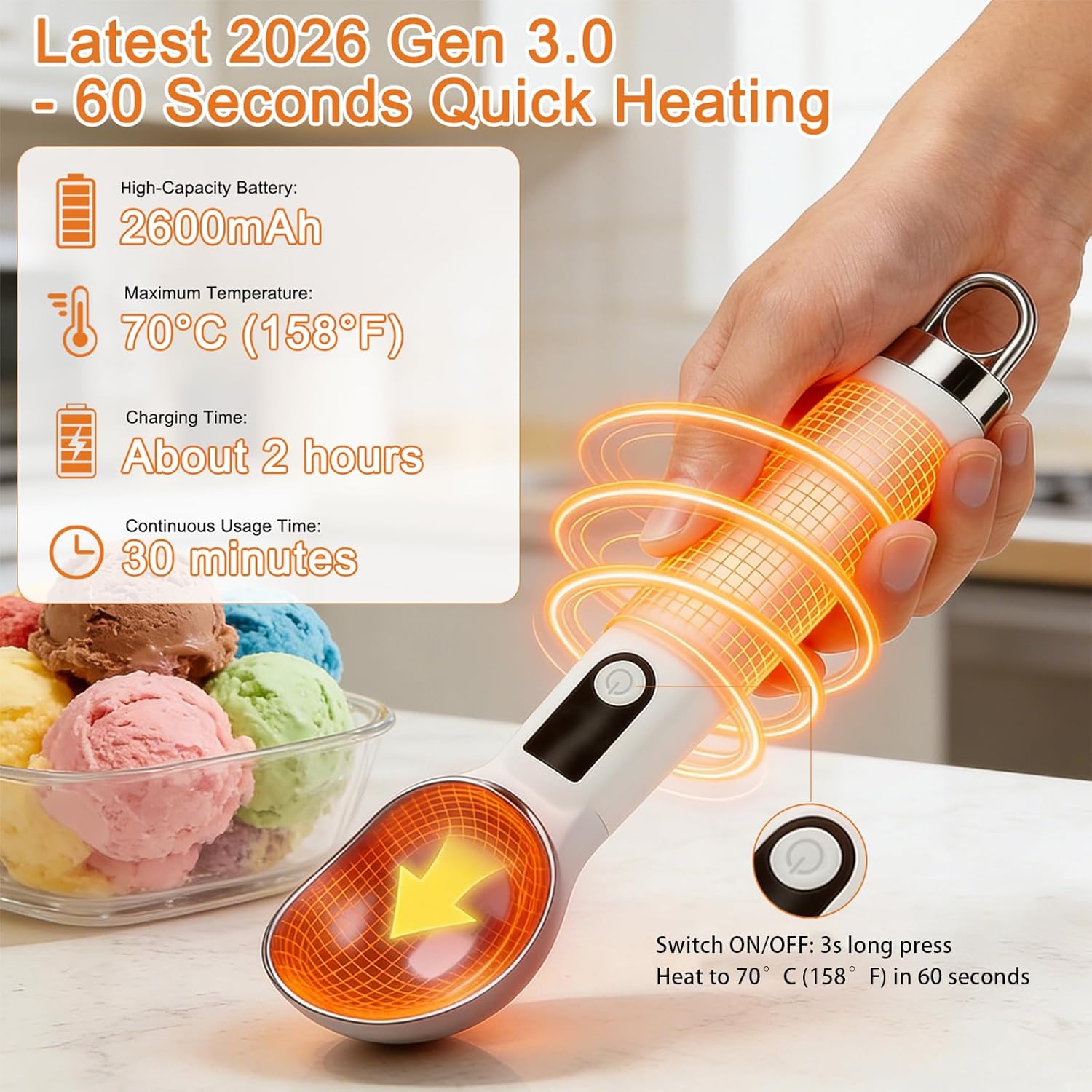 2026 Upgraded Heated Ice Cream Scoop with Switch, Electric Rechargeable Ice Cream Scooper with LED Display & Detachable Battery, Heats to 158°F in 60s - Image 2