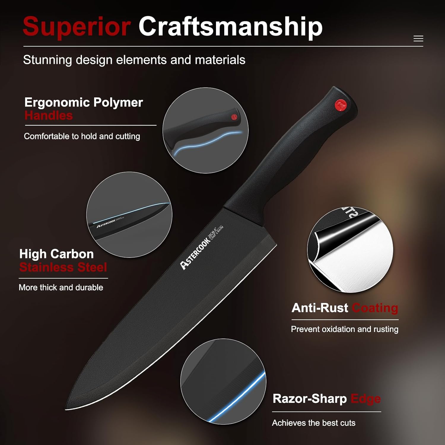 Knife Set, Astercook 15 Pieces Knife Sets for Kitchen with Block, Dishwasher Safe Kitchen Knife Set with Built in Sharpener Block, German Stainless Steel Knife Block Set, Mothers Day Gifts for Women - Image 4