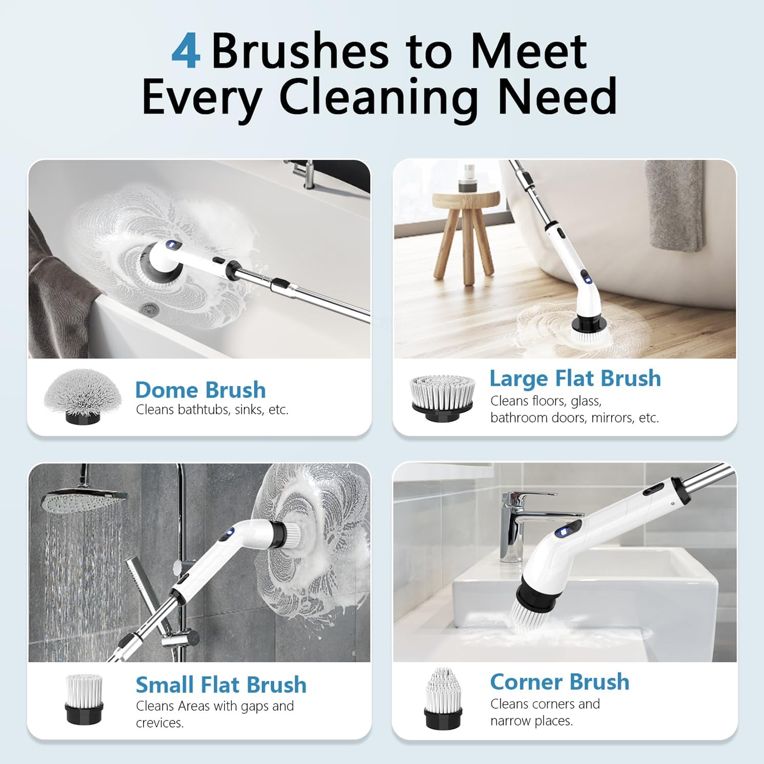 TUYU Electric Spin Scrubber, Full-Body IPX7 Waterproof Bathroom Scrubber with Power LCD Display, Adjustable Extension Handle, Cordless Shower Cleaner Brush for Bathtub Kitchen Wall Cleaning - Image 3