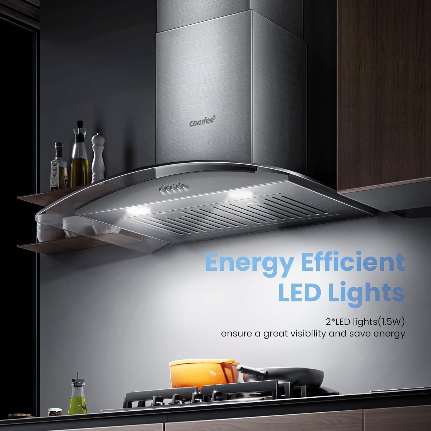 COMFEE' CVG30W8AST 30 Inches Ducted Wall Mount Vent Range Hood with 450 CFM 3 Speed Exhaust Fan, Baffle Filters, Curved Glass, 2 LED Lights, Convertible to Ductless, Stainless Steel - Image 7