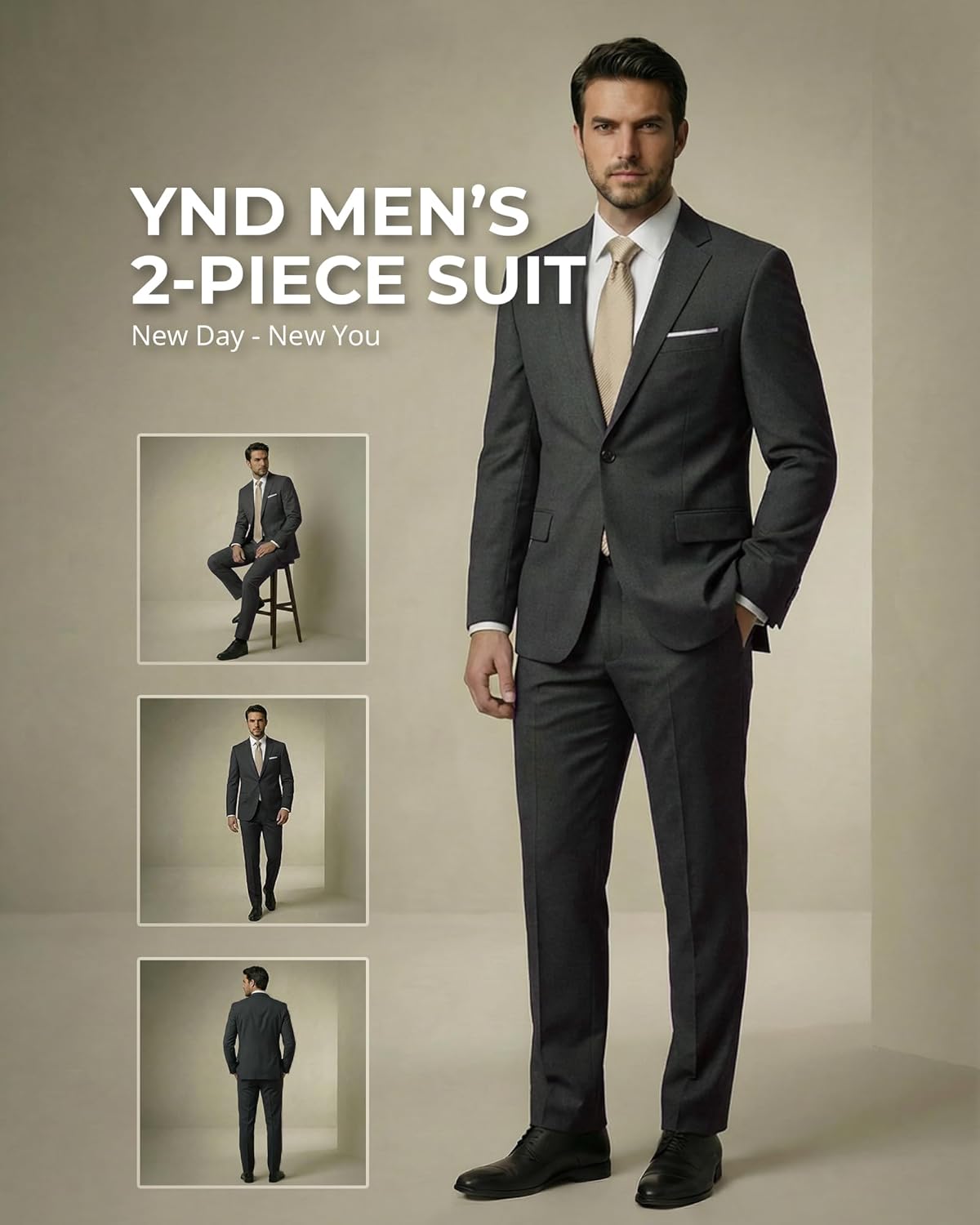 YND Men's 2 Piece Suit with Tie, One Button Slim Fit Solid Jacket and Pants Set, Suits for Men Prom Party Wedding & Business - Image 2