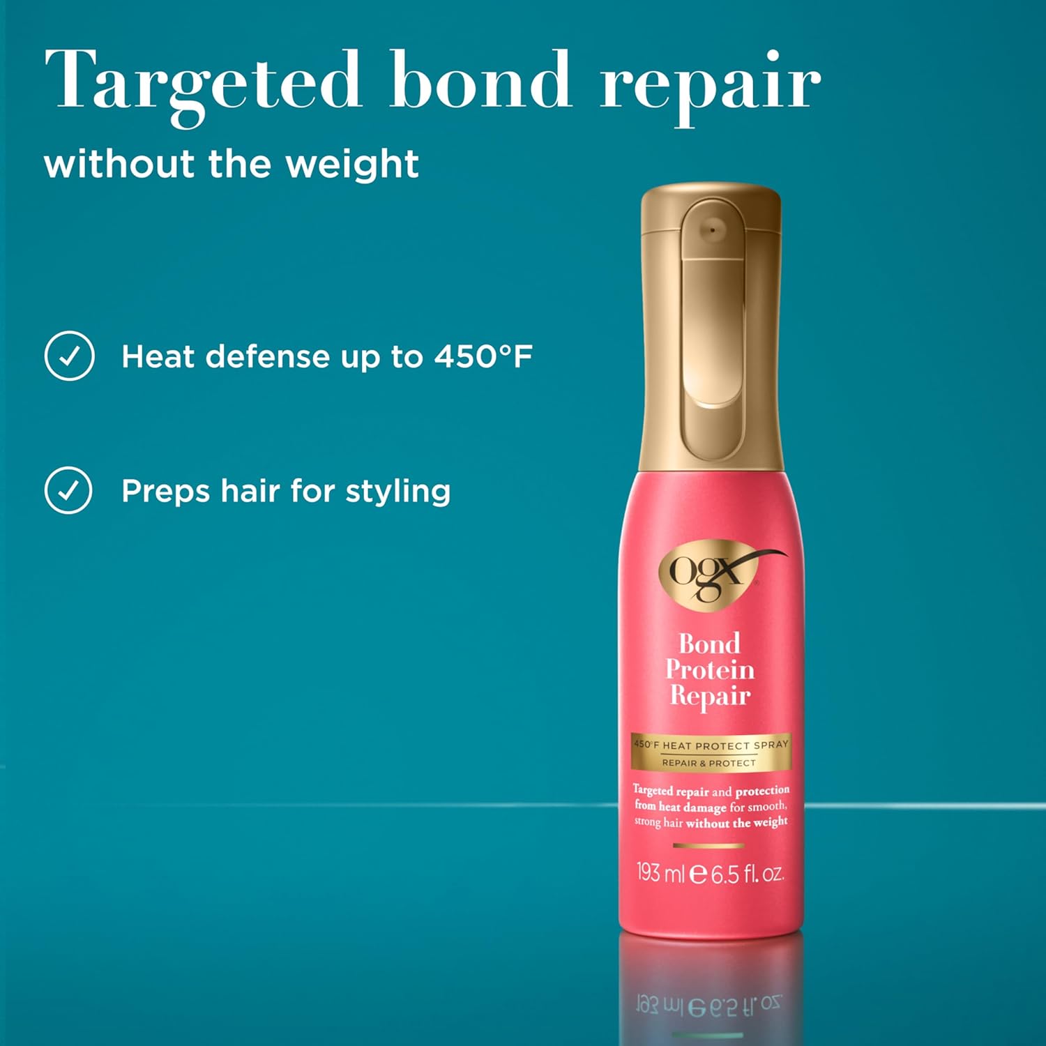 OGX Repair & Protect Bond Protein Repair 450°F Heat Protect Spray, Weightless Repair Mist for Nonstop Damage Protection* for All Hair Types, Heat Spray Preps Hair for Styling, 6.5 fl. oz - Image 4
