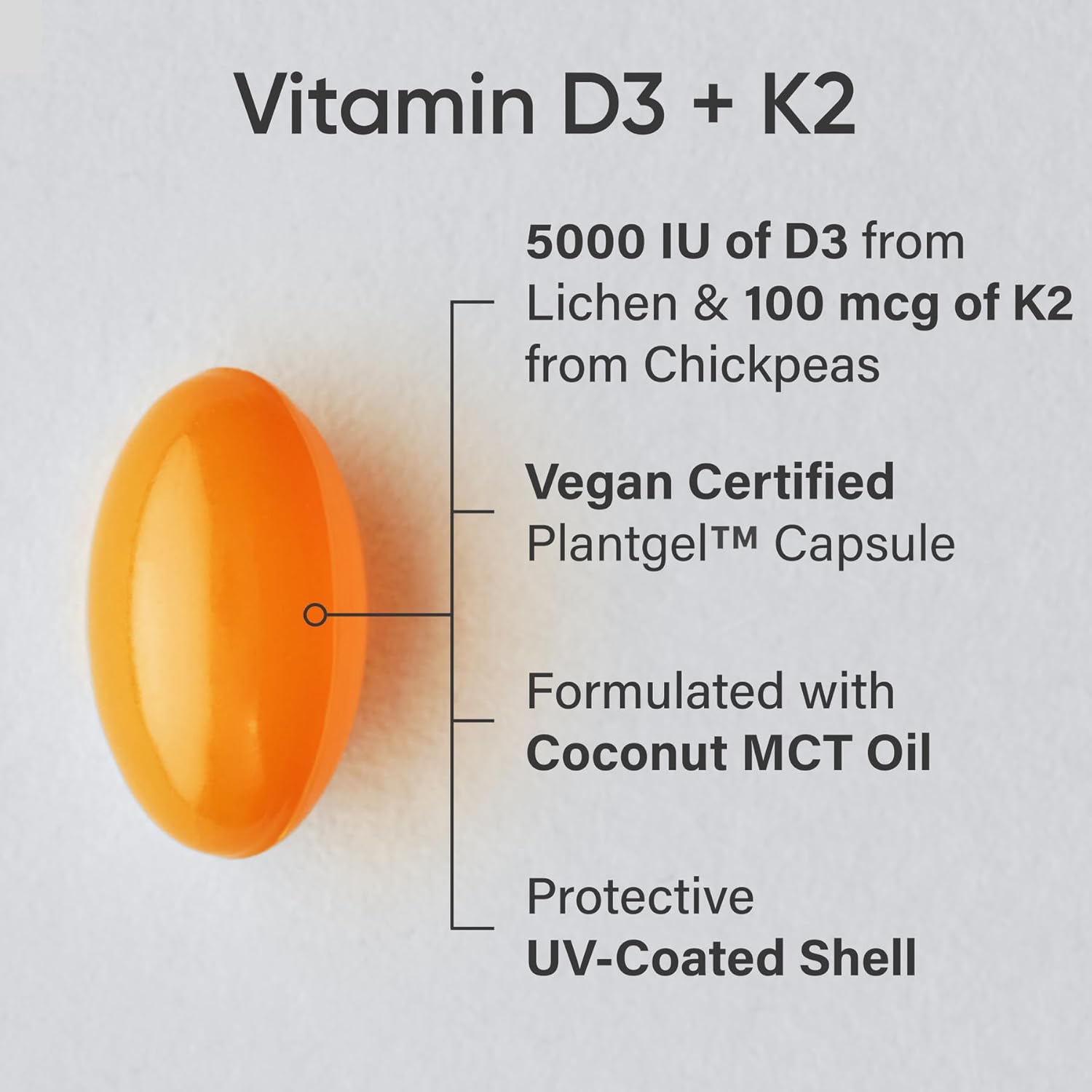 Sports Research® Vitamin D3 + K2 w/ Coconut Oil - Vegan Vitamin D 5000iu & Mk7 Vitamin K 100mcg for Bone & Immune Support - Vegan Certified · Non-GMO · Soy Free - 60 Softgels - Image 2