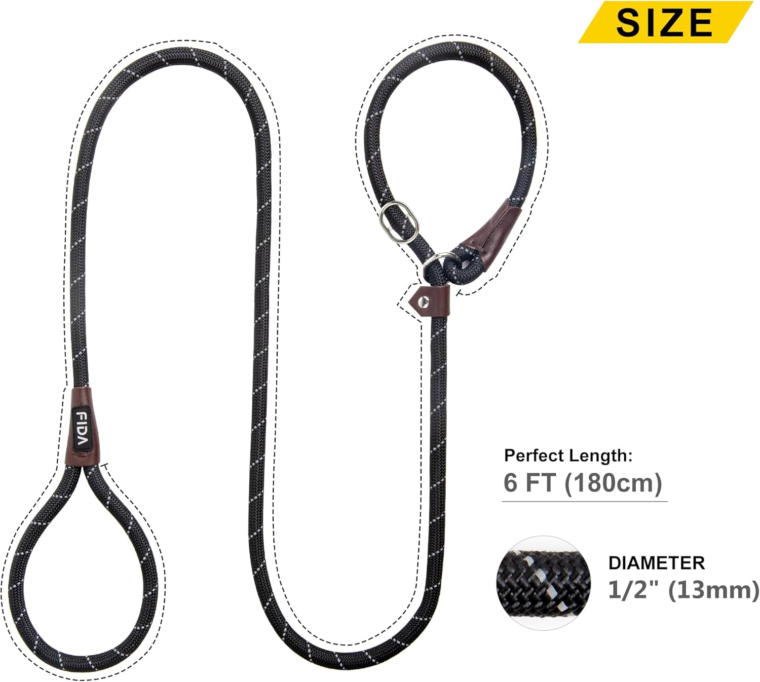 Fida Durable Slip Lead Dog Leash, 6 FT x 1/2" Heavy Duty Dog Loop Leashes, Comfortable Strong Rope Slip Leash for Large Medium Dogs, No Pull Pet Training Lead with Highly Reflective(1/2", Black) - Image 9