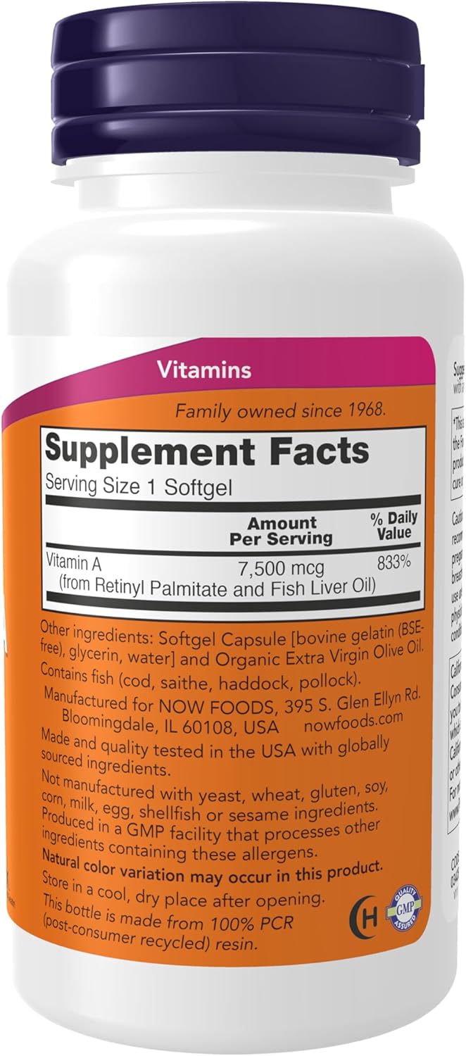 NOW Foods Supplements, Vitamin A (Fish Liver Oil) 25,000 IU, Essential Nutrition, 250 Softgels - Image 2