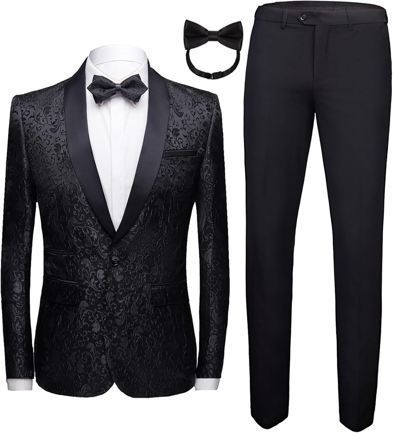 Mens Tuxedo Black Floral 2 Piece for Prom Wedding Party Suit Jacket Pants Slim Fit Shawl Lapel - Image 5