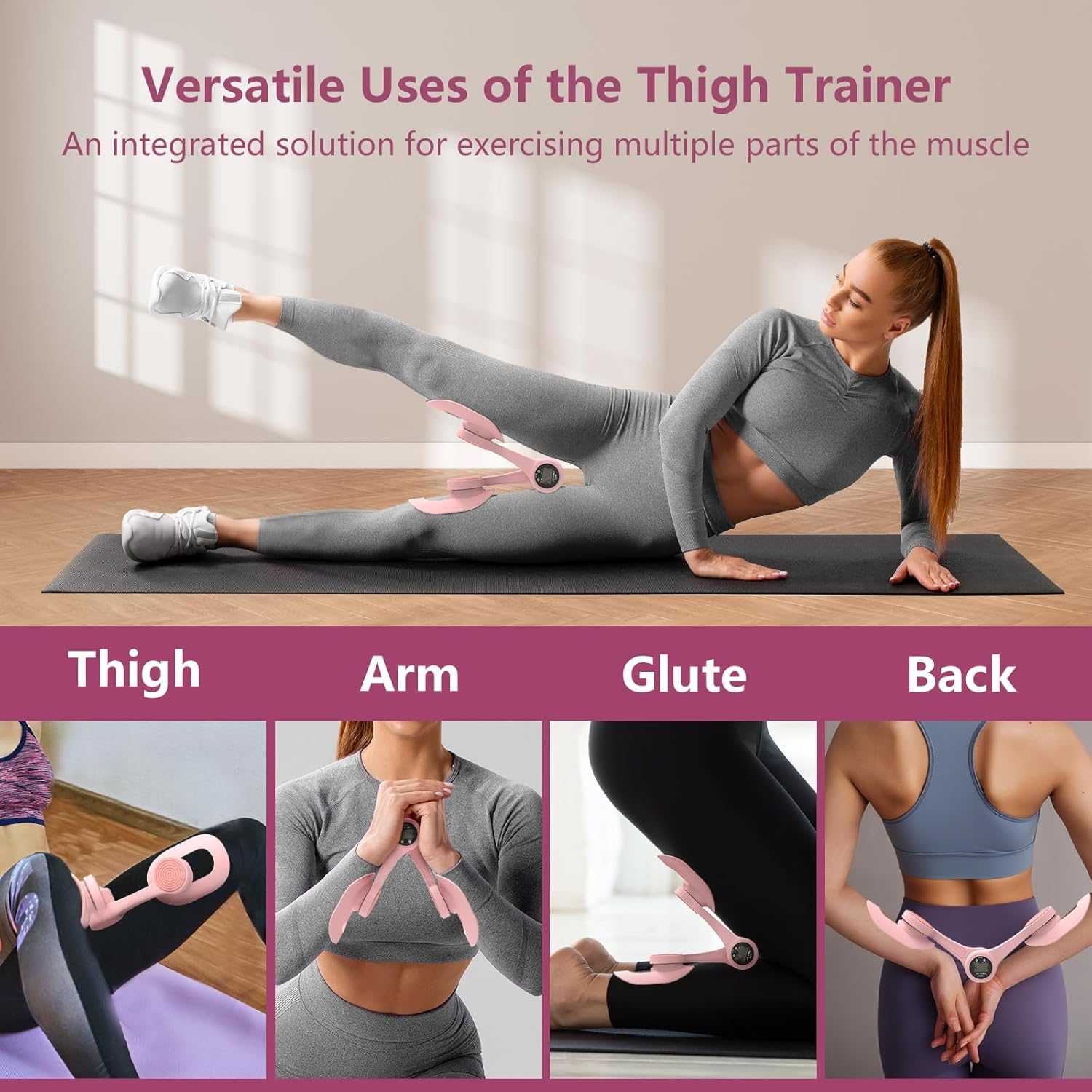 Thigh Trainer, 360°Adjustable Pelvic Floor Muscle Trainer with LED Display, Inner Thigh Exerciser with 20LB Resistance Band for Women, Home Fitness Equipment for Hip, Leg, Arm - Image 2