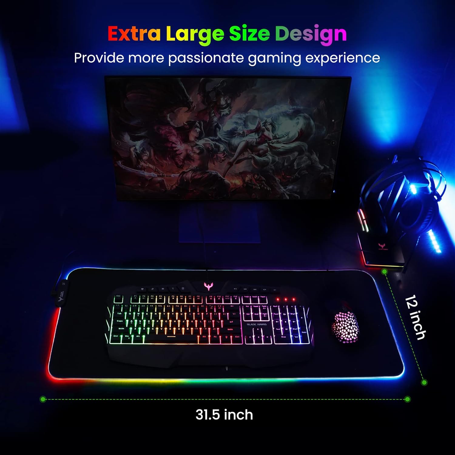 BladeHawks Extra Large RGB Gaming Mouse Pad-14 Light Modes, Extended Soft LED Mouse Pad, Anti-Slip Rubber Base, Computer Keyboard Mousepad Mat (31.5 x 12 Inch) - Image 6